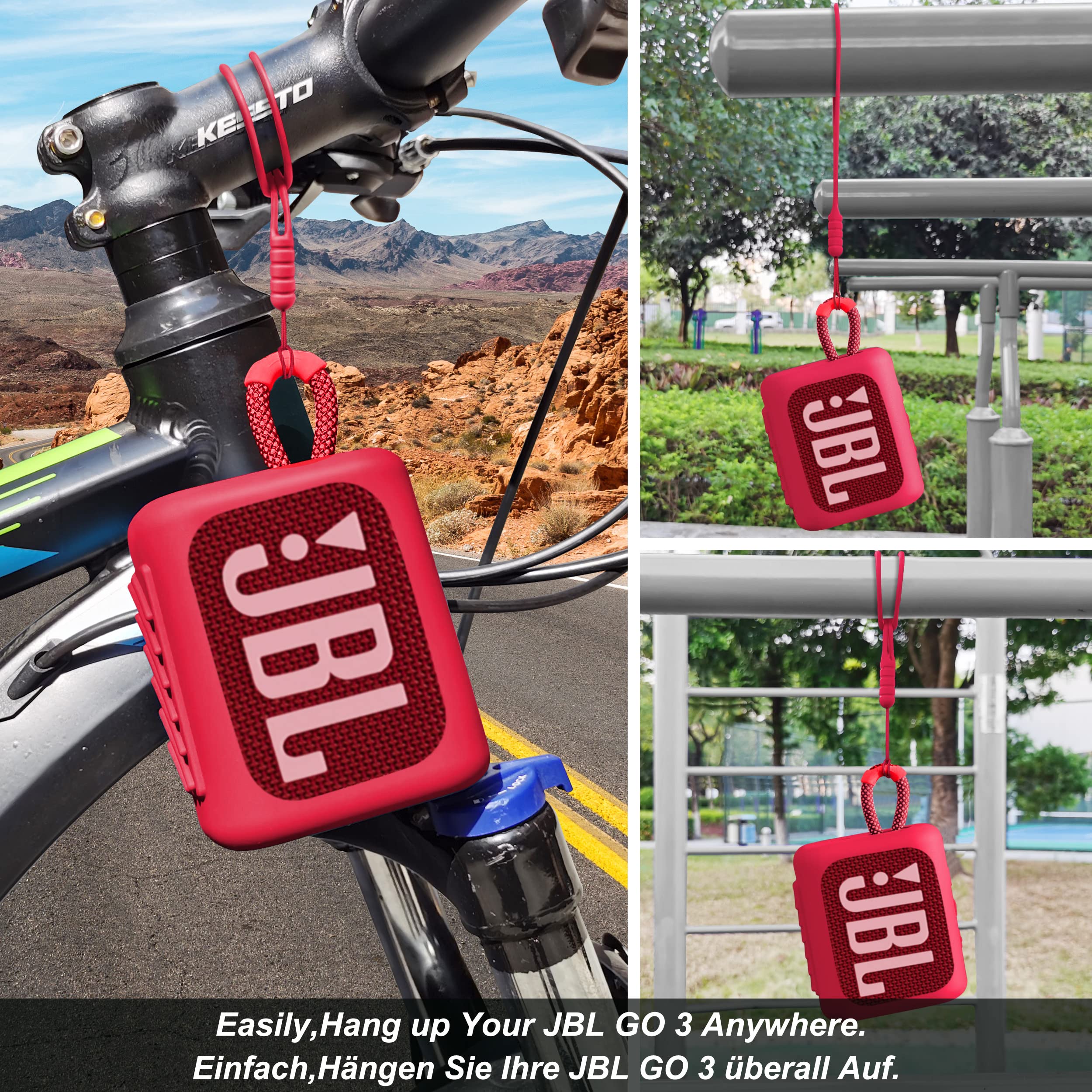 Étui en silicone pour JBL GO 3 avec tour de cou et mousqueton, Rouge