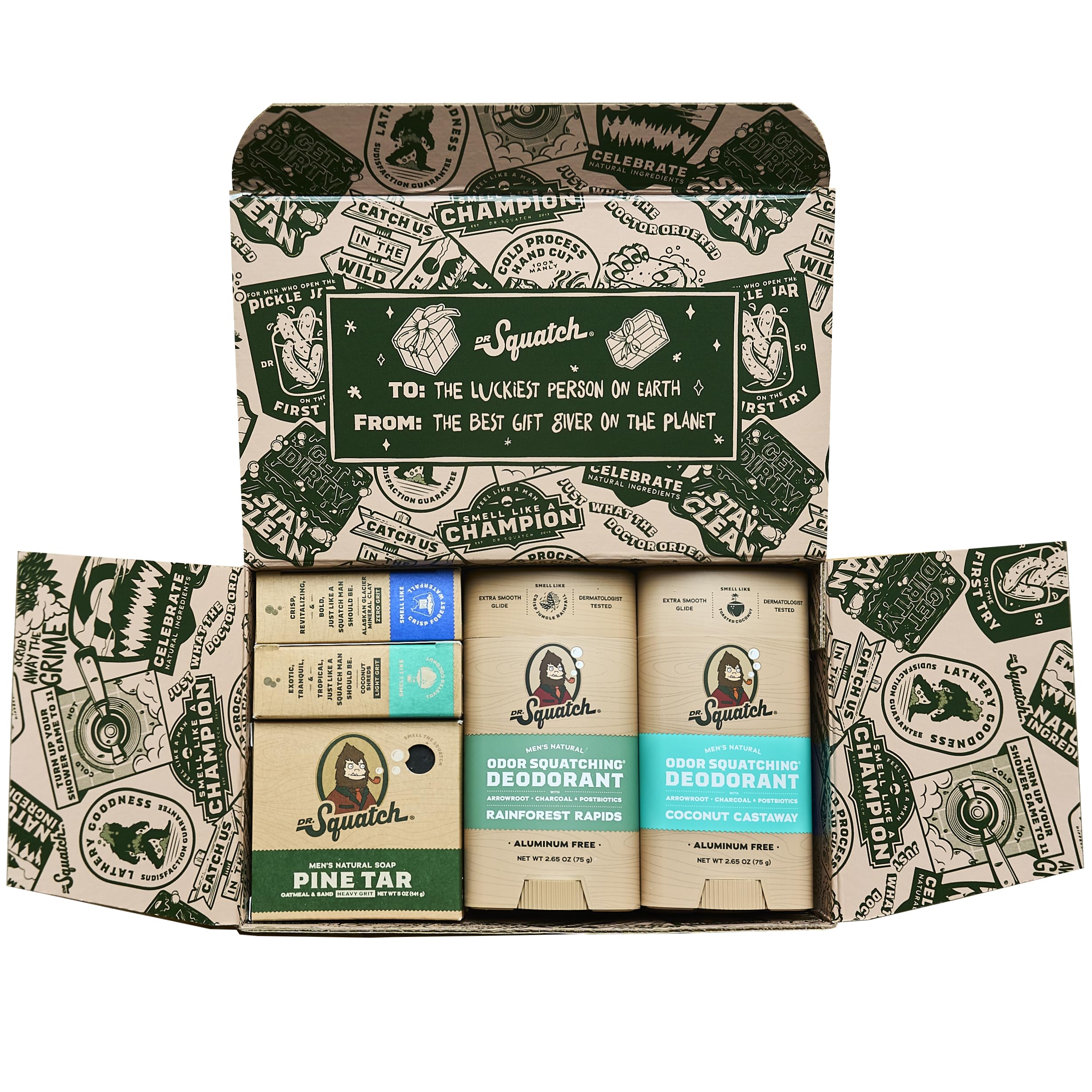 Dr. Squatch 2025 Holiday Bundle - Men's Natural 6 Soap and 1 Cologne Gift Set - Cold Process Soap with No Harsh Chemicals + Natural Cologne Made With Sustainably-Sourced Ingredients