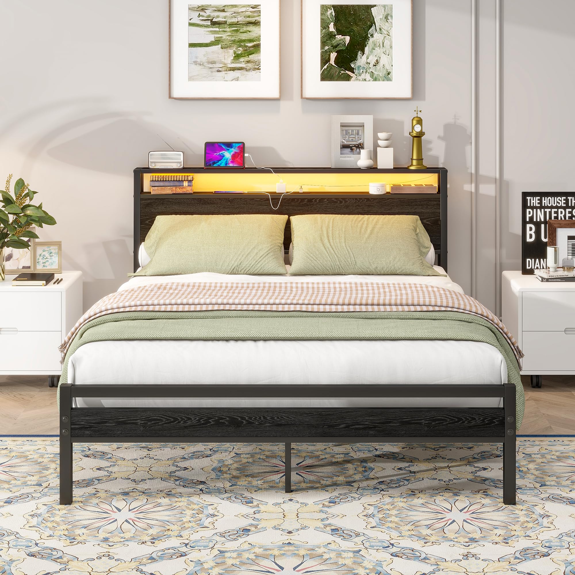 King Size Bed Frame with Storage Wood Headboard Shelf,LED Lights,5ft Metal Platform Bed Frame Kingsize Bed Base with Charging Station,Mattress Base,Strong Steel Slats Support,Noise Free,Black