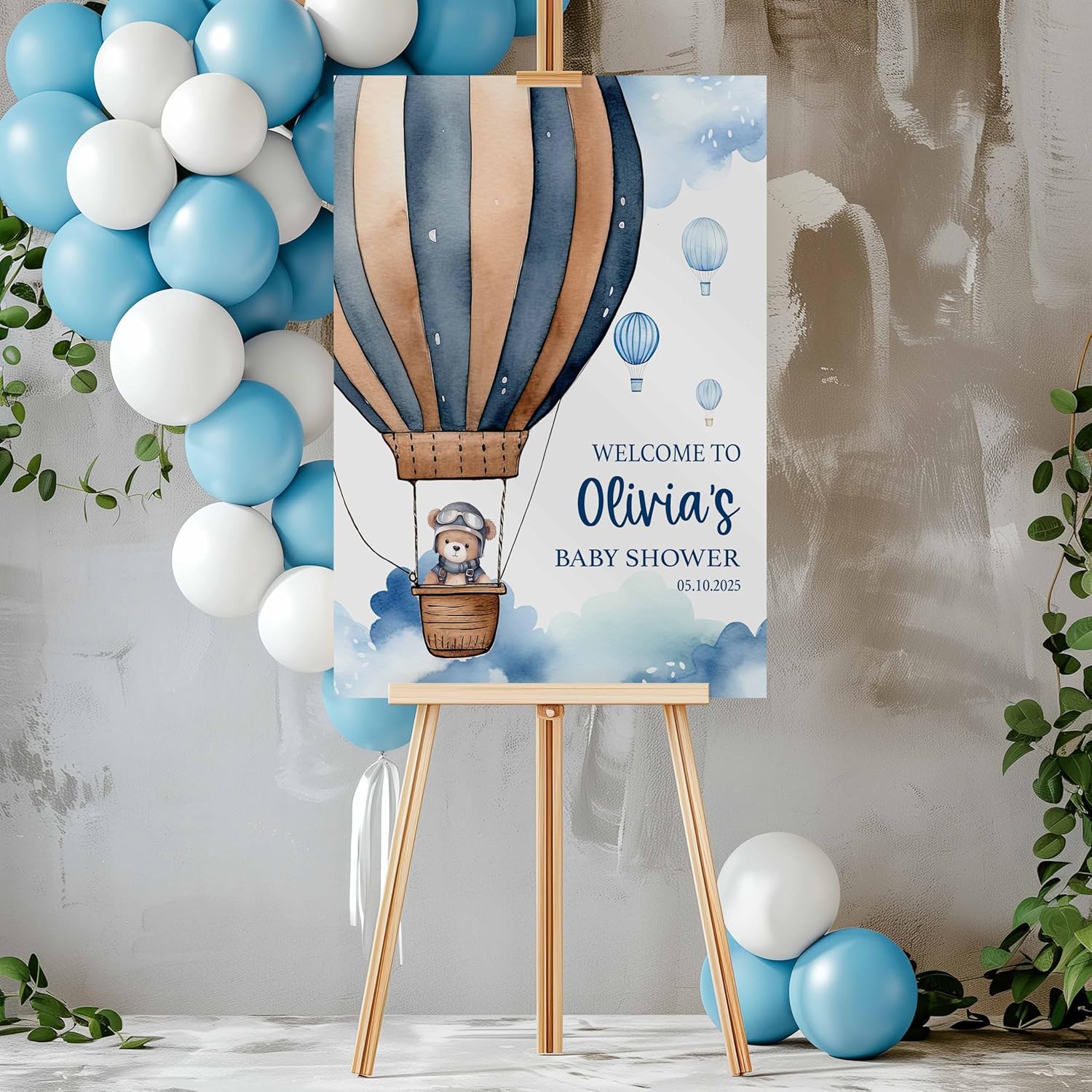 Joy & Keeps Personalized Custom Canvas Baby Shower Welcome Party Sign Hot Air Balloon Aviator Pilot Teddy Bear Nursery Wall Decor Guestbook Alternative 16"x20" Pinewood Frame Keepsake for Boys