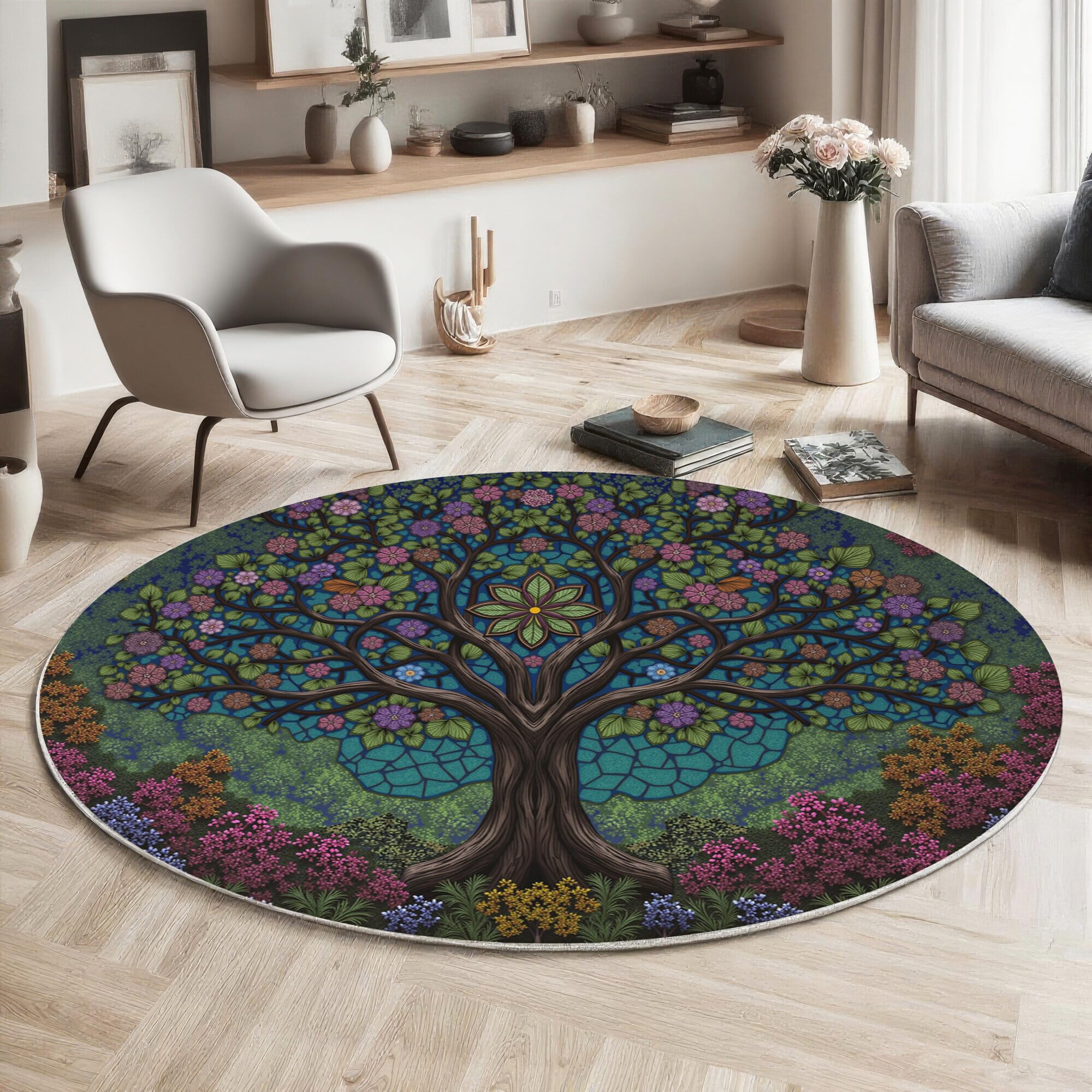 Tapis rond salon bleu de 120cm pour sublimer votre décoration de terrasse ou chambre