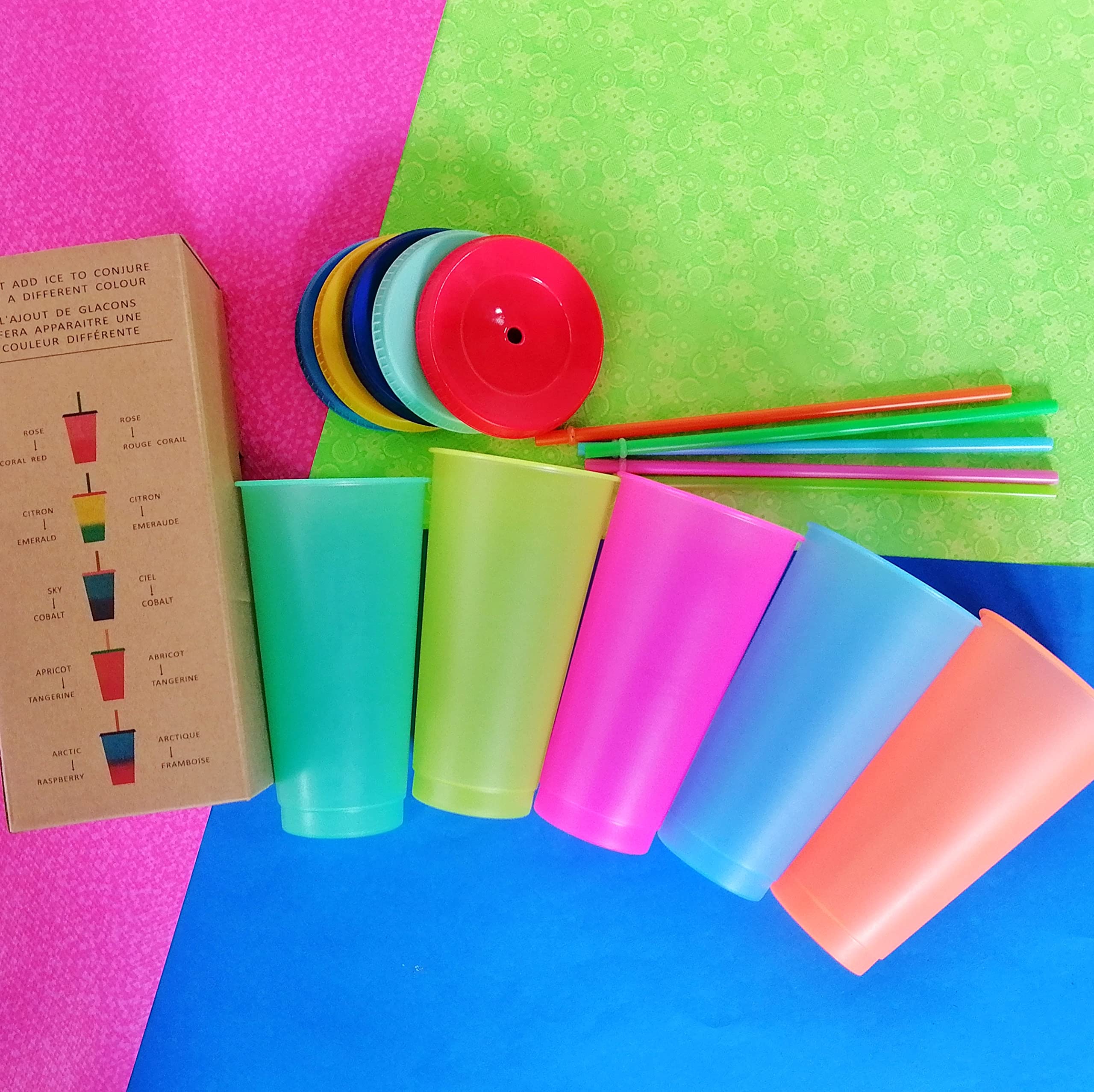 ROPALIA - Paquete de Vasos Magicos Cambian Color con Tapa y Popote (5 Vasos)