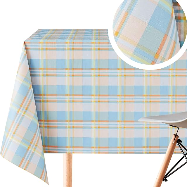 Blue Tartan Pattern Vinyl Table Cloth Wipe Clean Rectangle 250x140cm | 98x55in Up To 8 Seats - Heavy Weight Wipeable Tablecloth Waterproof Plastic PVC Table Cover In Pink Orange Stylish Madcuff