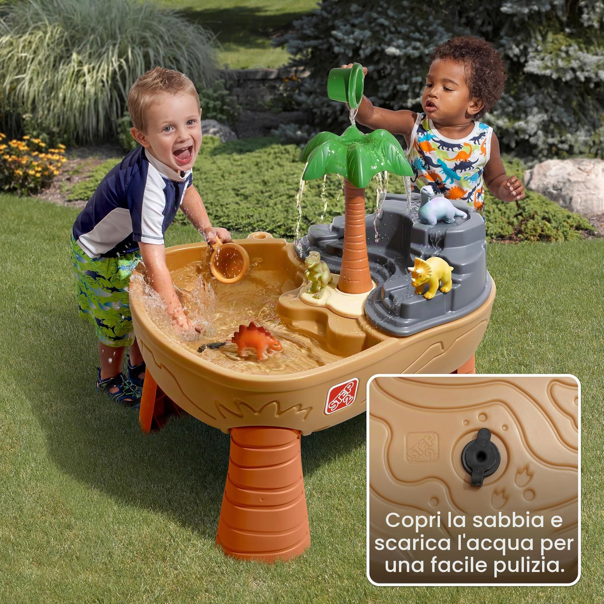 Step2 Dino Dig Tavolino da Sabbia e Acqua | Sand And Water Table per 15L di Acqua e 9kg di Sabbia | incl 7 Accessori | Giochi d'Acqua per Il Giardino