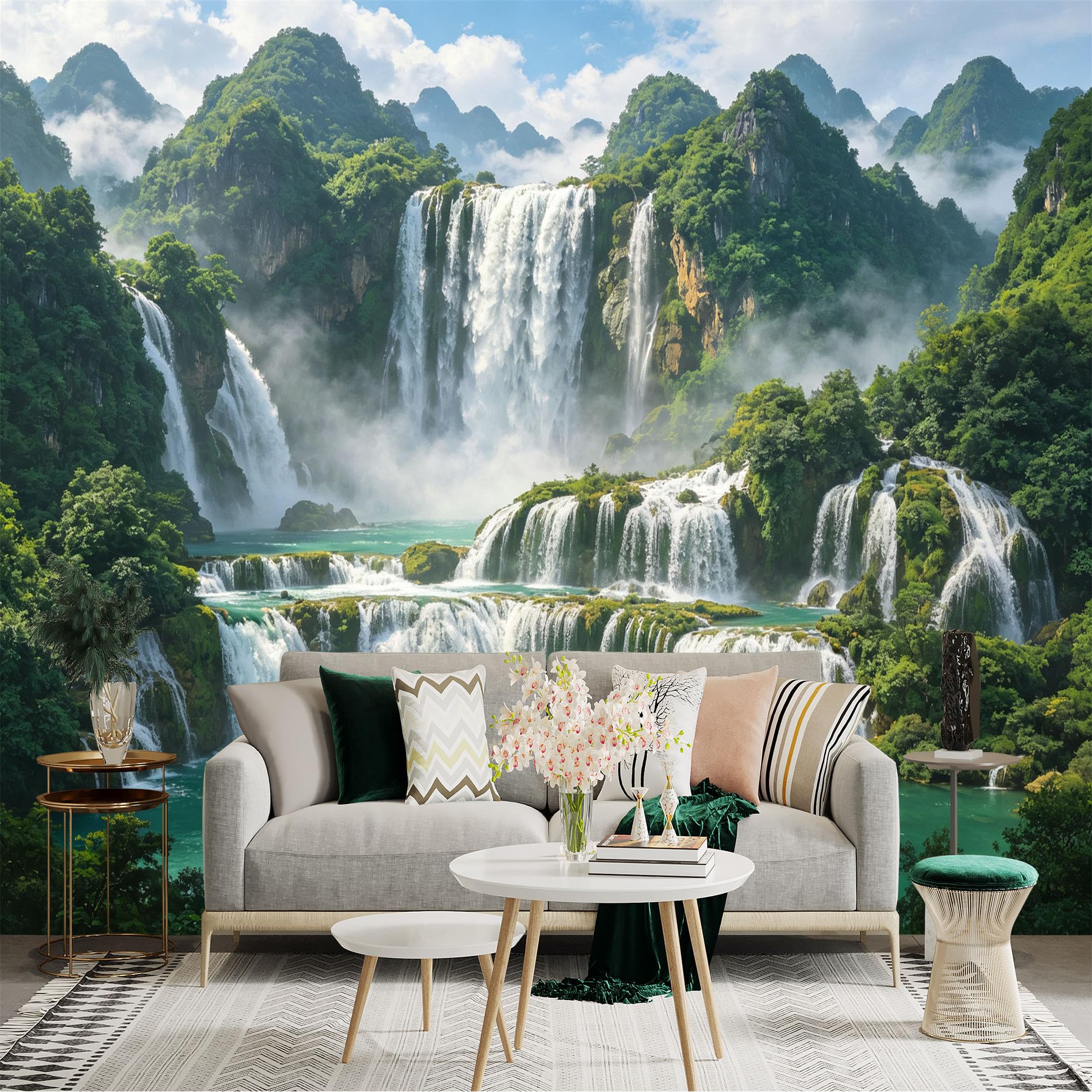 Custom Size Wall Sticker Mural， Majestic Tropical Waterfall， Lush Green Mountains， Mist and Turquoise River， for wall Decoration， peelandstick wall Decals.
