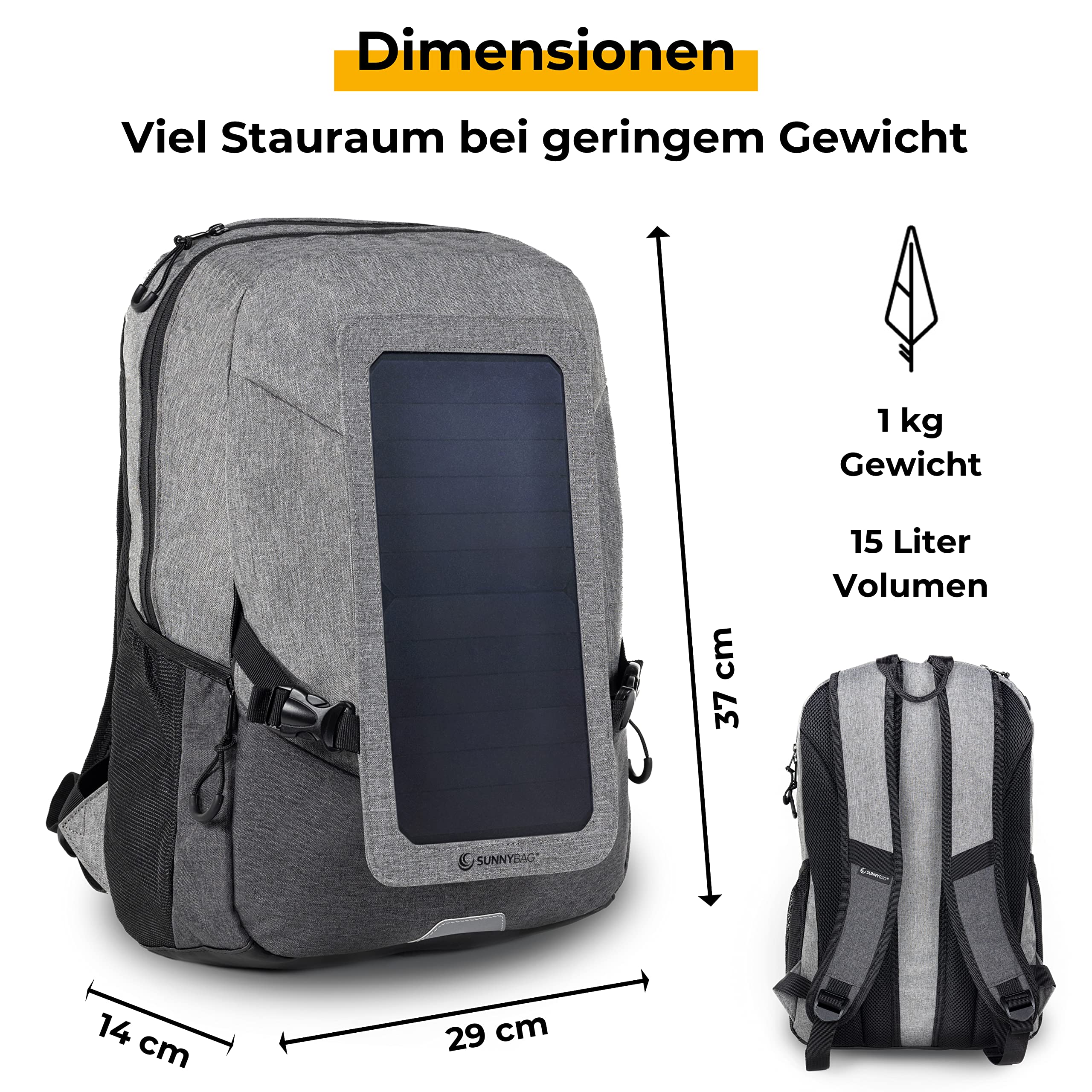 Sunnybag Explorer+ | Solar Rucksack mit abnehmbarem 6 Watt Solar-Panel | USB-Anschluss | 15-Zoll Laptopfach | 15 Liter | Wasserabweisendes Textil | Jetzt inkl. USB-C Kabel mit Leistungsanzeige
