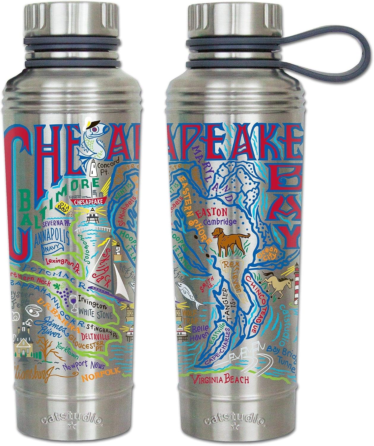 Catstudio Chesapeake Bay Stainless Steel Water Bottle | BPA Free Triple Wall Insulation with Non Slip Bottom | Great for Running, Hiking, Sports, & Travel