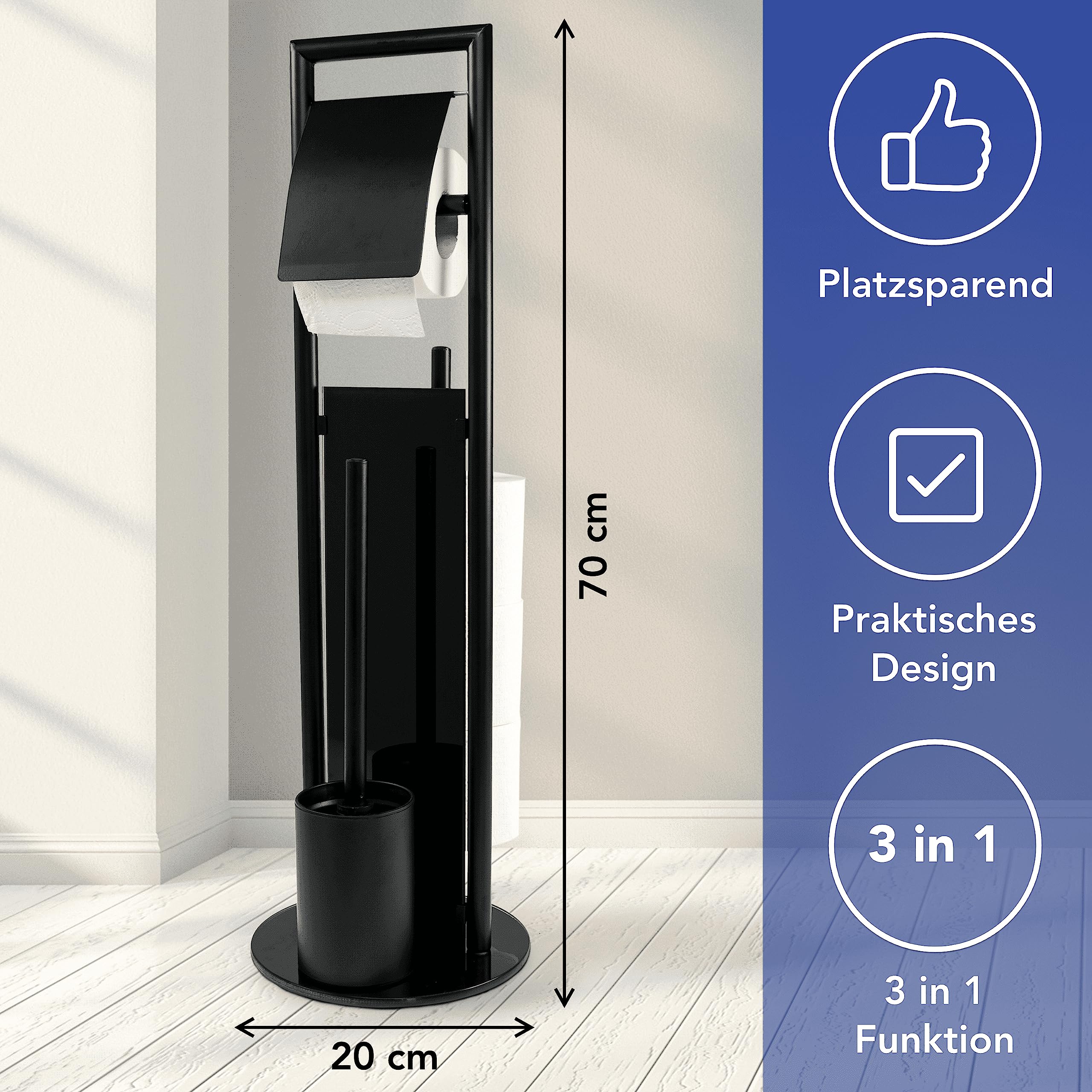 WENKO Stand WC-Garnitur Mod. Ravina 3-in-1 mit Toilettenpapierhalter und Bürstenhalter aus rostfreiem Edelstahl mit schwarzem Design Ø 20 x 70 cm schwarz