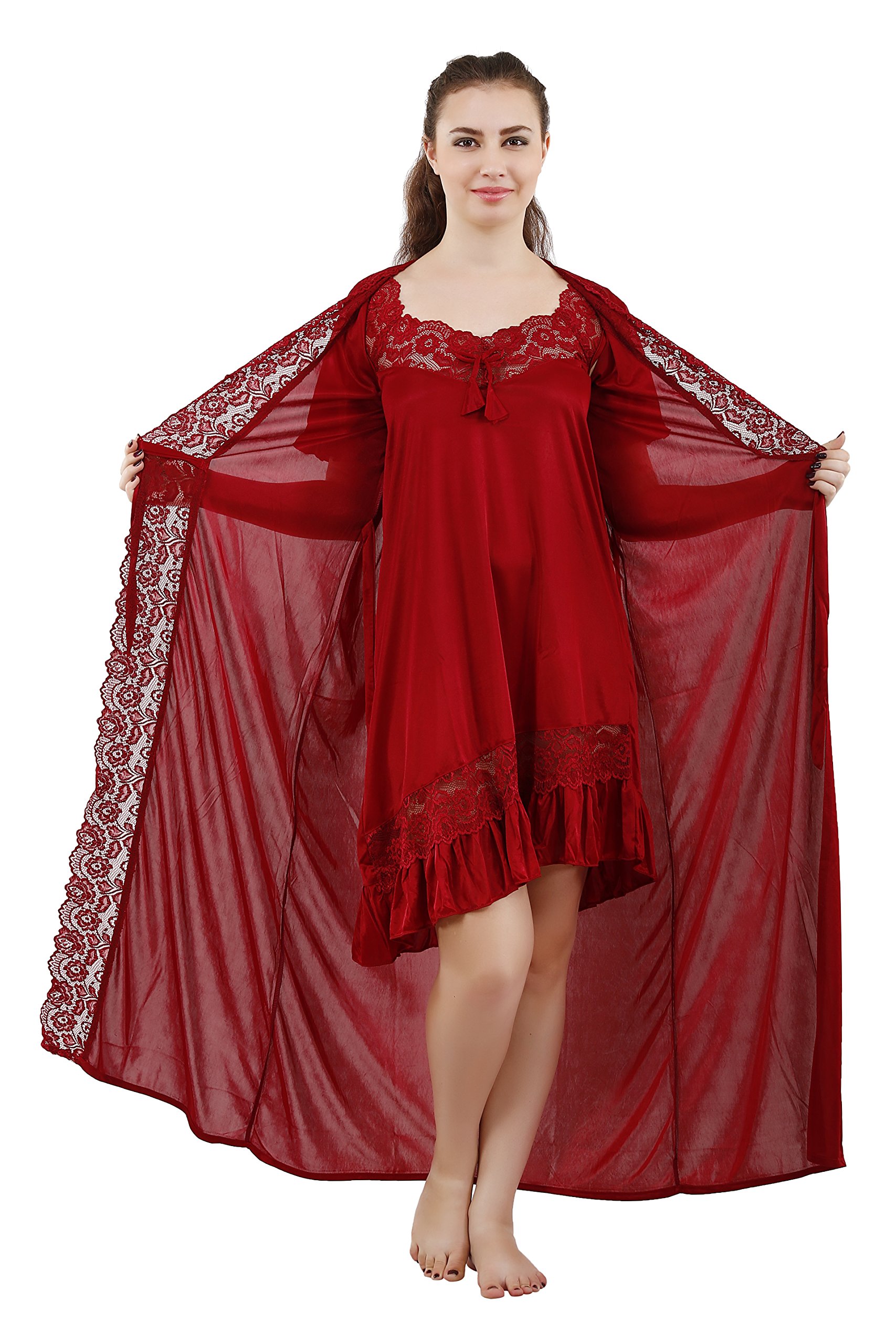 romaisa Women's Satin Solid Maxi Length Nighty with Robe (Size - Free Size) (Nightwear Set Pack of 2)-picture-30