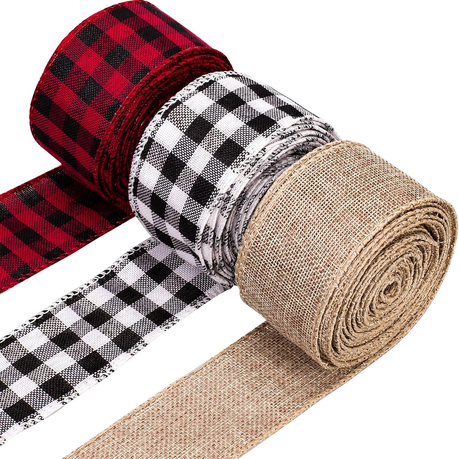 Whaline 3 Rolls Christmas Wired Edge Ribbons, 30 Yards x 1 Inches Black Red Plaid Ribbon, Black White Buffalo Plaid Ribbon and Burlap Craft Ribbon for DIY Gift Wrapping, Fall Crafts Decoration