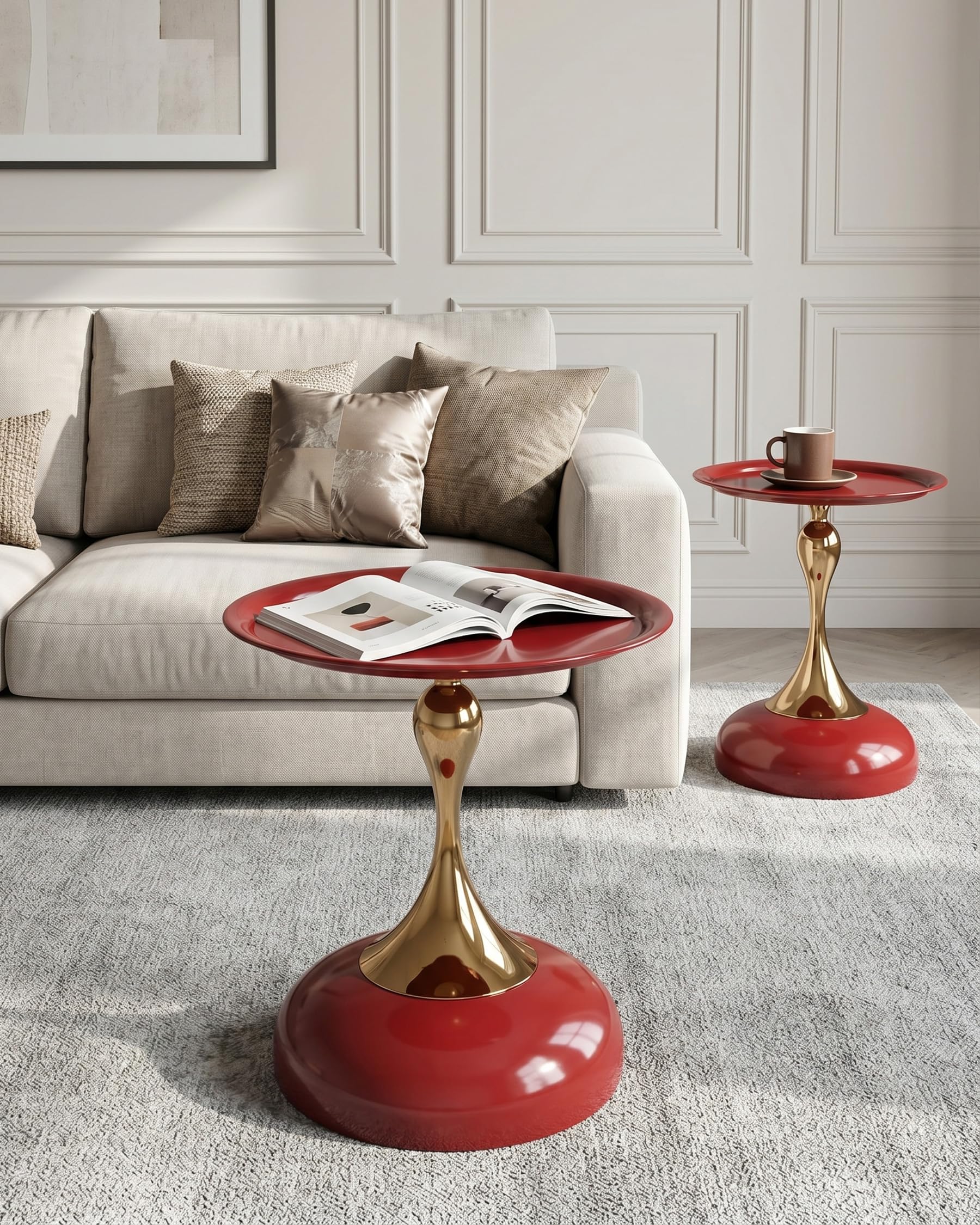 Juego de 2 Mesa Auxiliar de Metal para Interior y Exterior Pequeña Mesa de Centro y Sofá Redonda Moderna de Diseño Mesitas Auxiliares Rojo y Oro, 40x53 cm