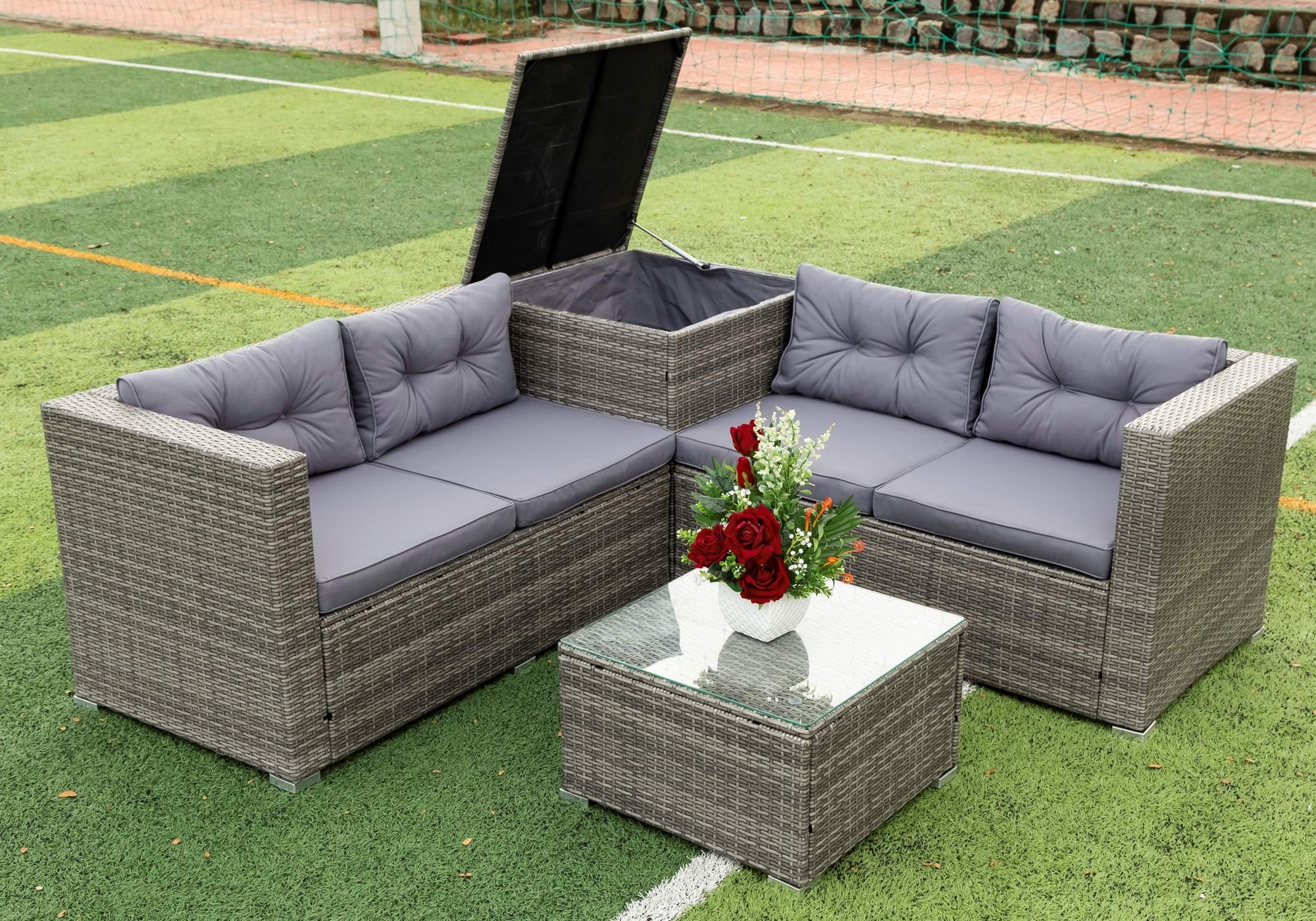Photo 1 of -BOX 2 OF  2--INCOMPLETE --ERYE 4 Pieces Patio Furniture Weather Outdoor Conversation Sets PE Wicker Rattan Sectional Sofa Couch with Storage Box,Glass Top Coffee Table and 2 Loveseat, Grey, Gray Gray 4 Pieces Patio Conversation Sets