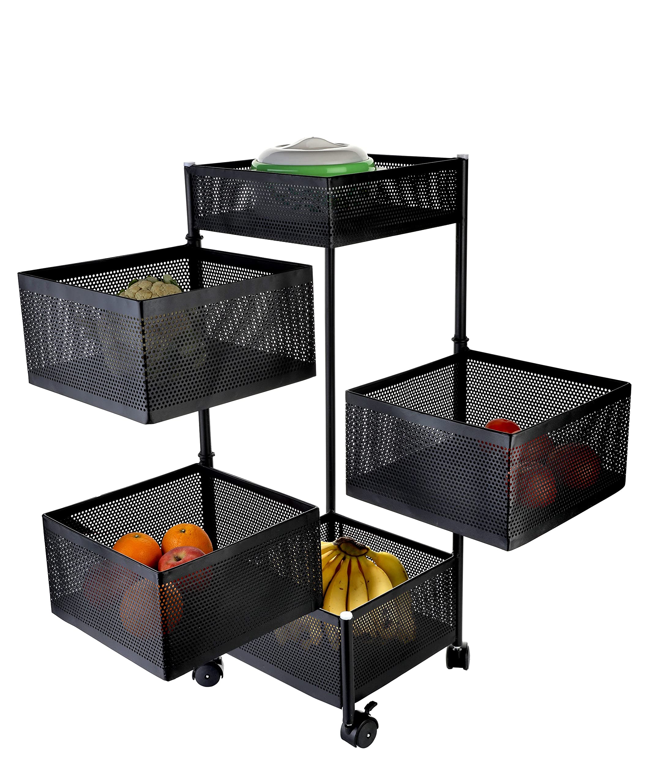 Kinfolk Metal 5 Layer Kitchen Rotating Trolley Storage Rack, Multi-Purpose for Fruits & Vegetables (Square Shape, Black)
