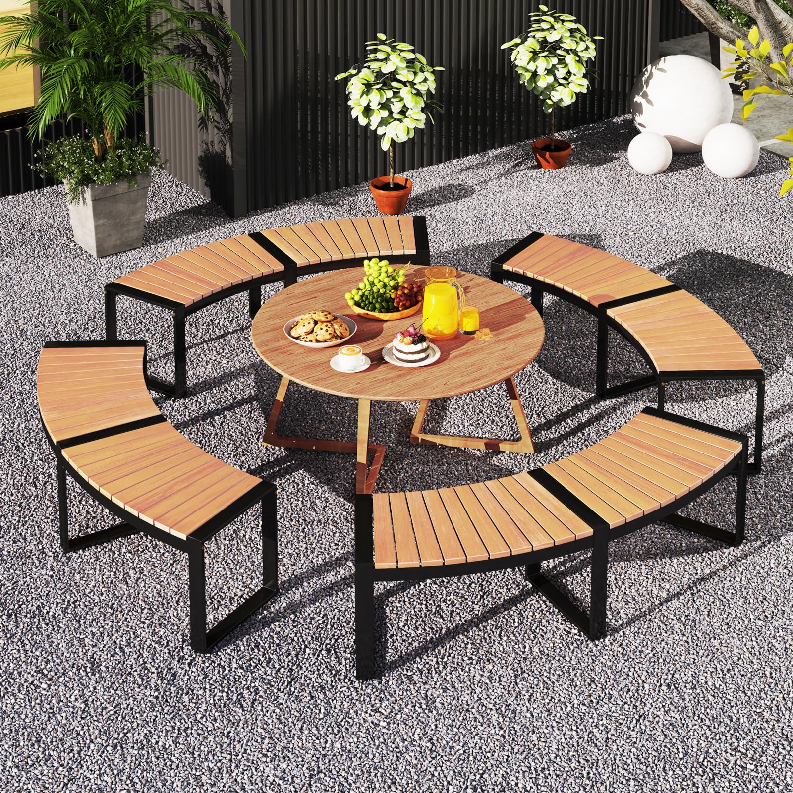 KOMFOTTEU Panchina da Esterno Curvata, Set di 2 Panchine da Giardino in Legno di Acacia con Struttura in Metallo, Comoda Panca da Patio 2-3 Posti, per Veranda, Cortile, Prato, Capacità di 360 kg (2)