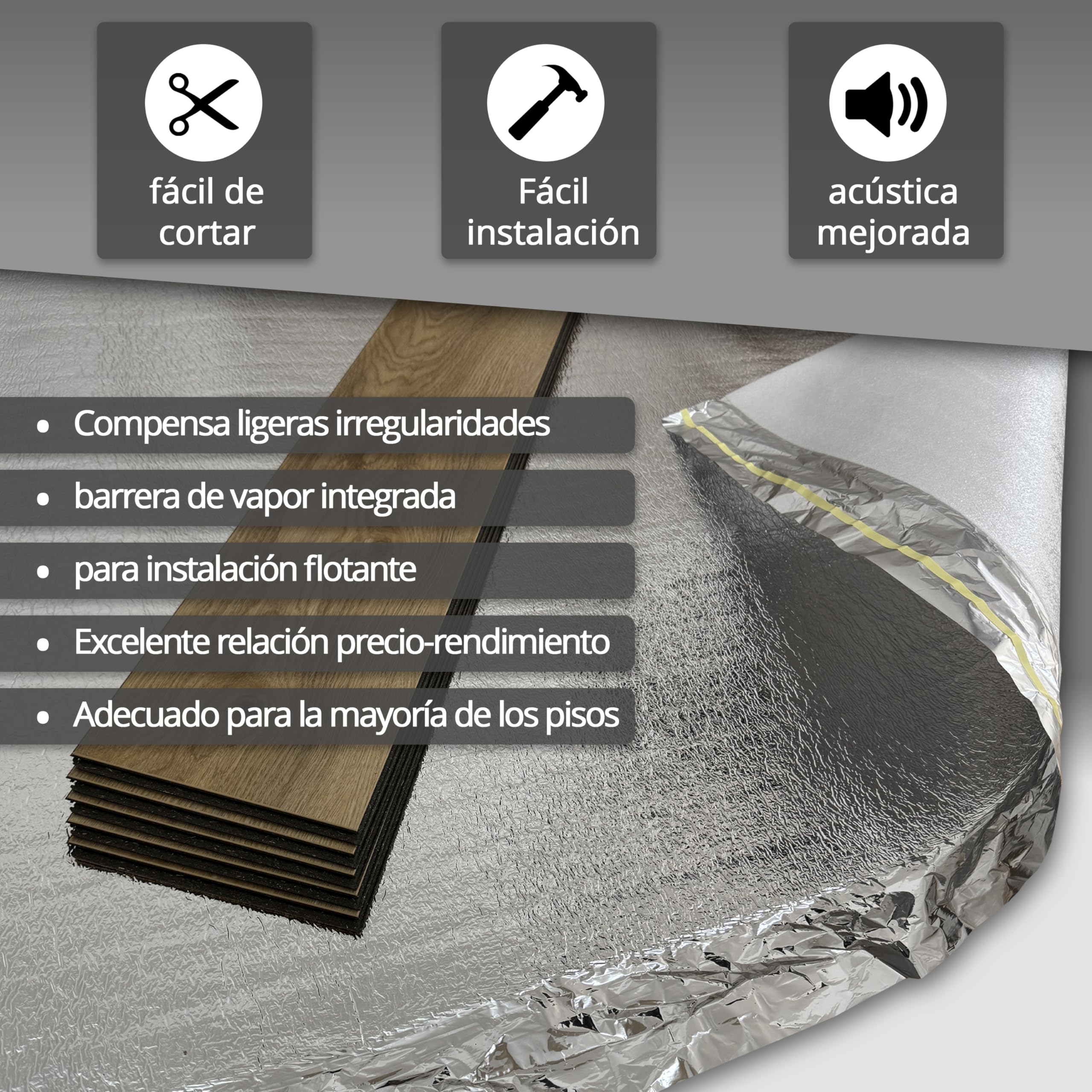 Aislamiento acústico uficell® ALU Plus Base de instalación de PE con barrera de vapor de aluminio Grosor: 3 mm Base perfecta para suelos laminados y de parqué (grosor 3 mm | 50 m²)