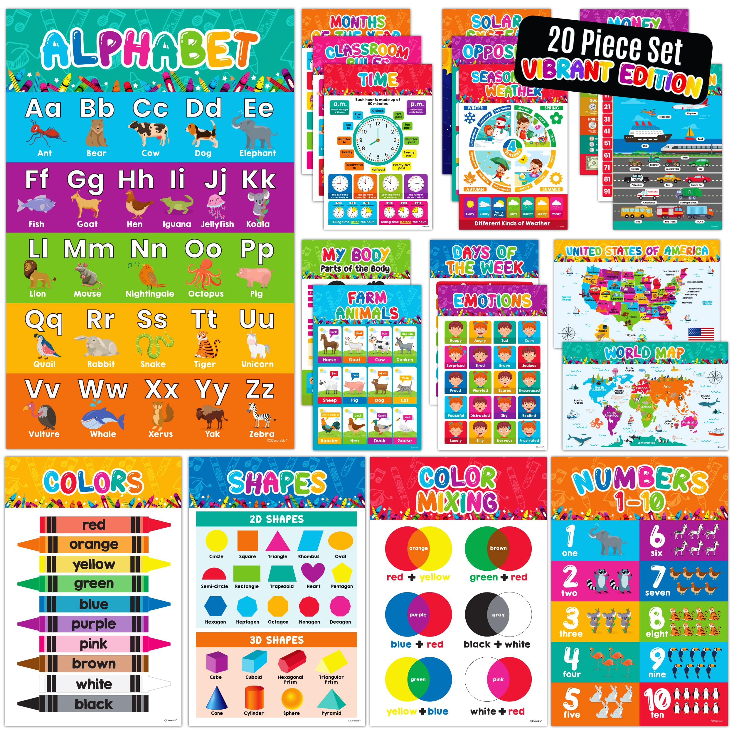 Decorably 20 Vibrant Preschool Classroom Posters, 11x17in Matte-Laminated Toddler Posters Educational Age 2 and Up - Kindergarten, Homeschool