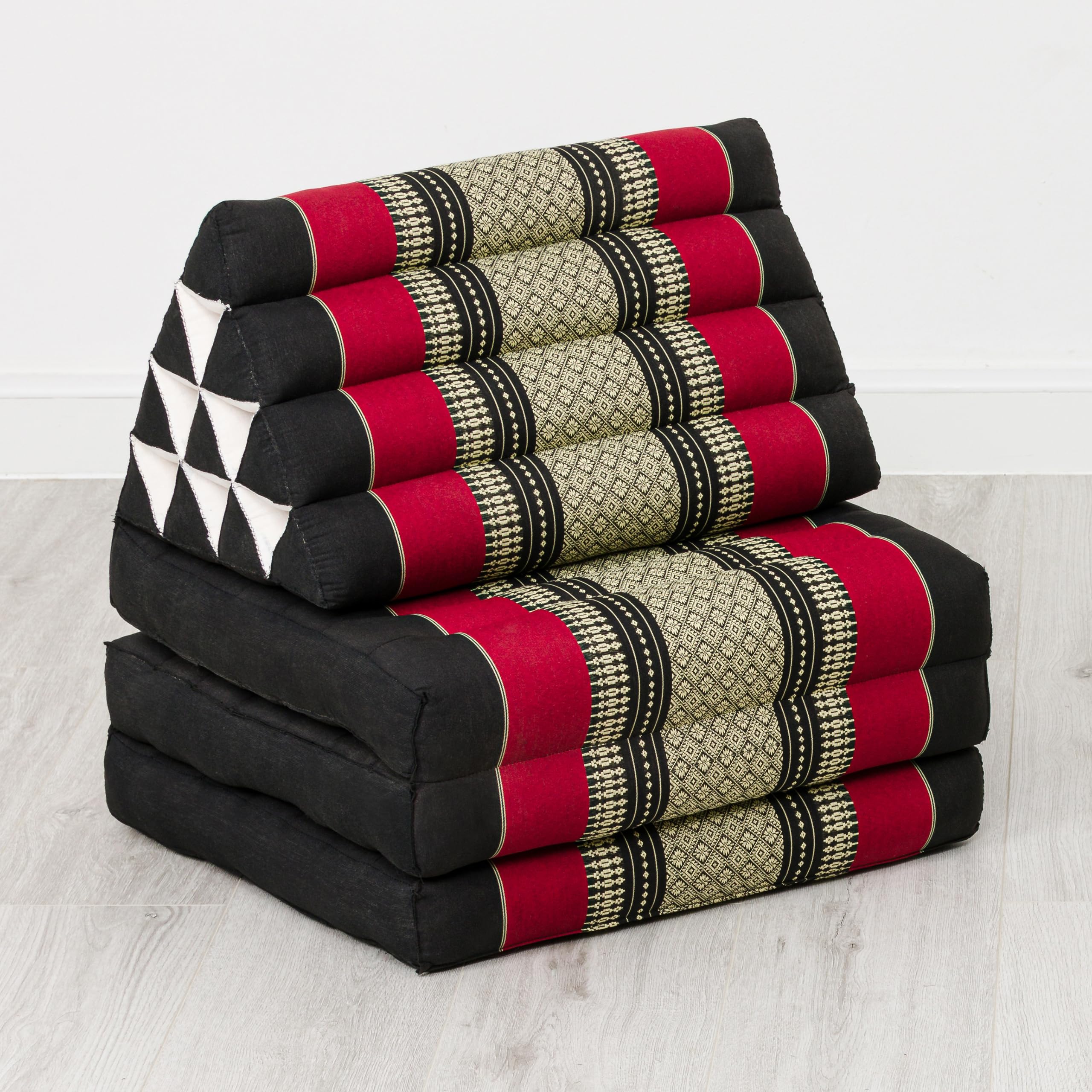 livasia Coussin thaï à 3 Blocs - 175x50x8cm - Triangle avec Matelas Pliable, Biseau kapok, Coussin de Soutien Dorsal Pliables, Tapis thaï Pliable, Fait Main (Noir/Rouge)