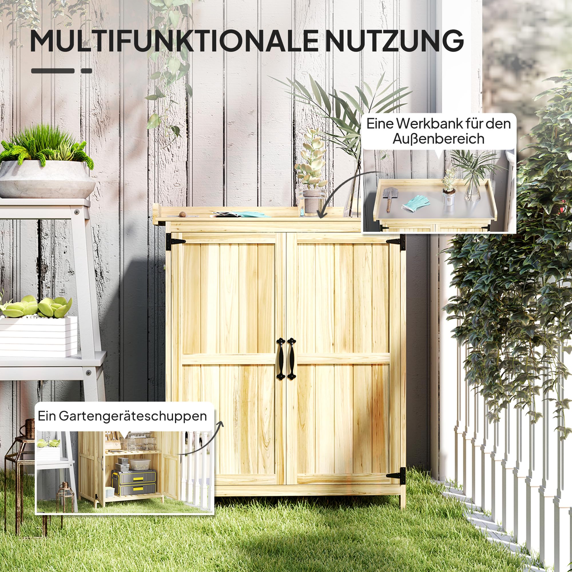 Outsunny Gartenschrank Holz Wetterfest mit Klappdach 74x43x88cm Naturholz | Ablagen, Arbeitsfläche, Geräteschuppen, Gerätehaus, Geräteschrank, Gartenhaus, Werkzeugschrank, Gartenschuppen, für Garten