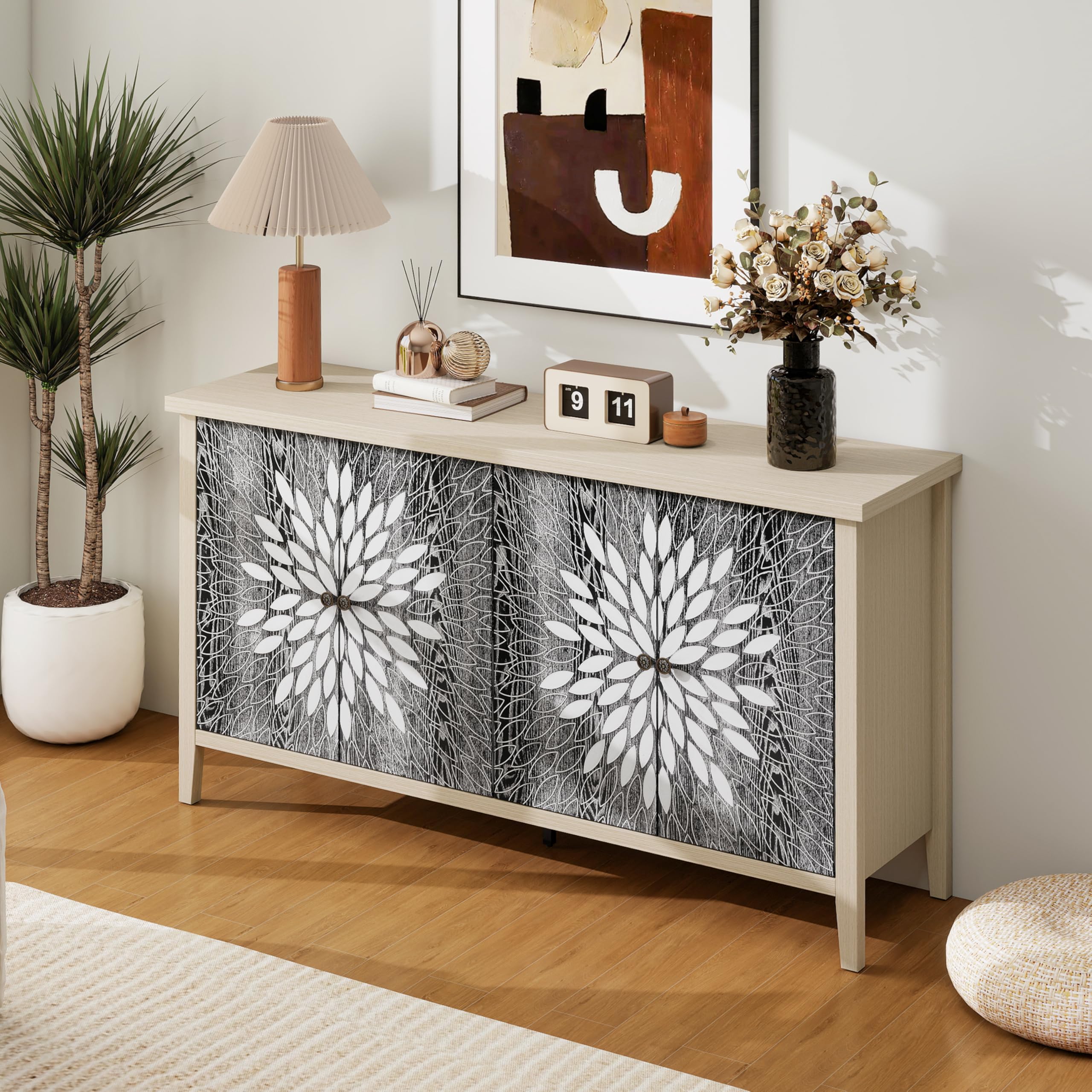 mixtavie 58'' Large Sideboard Buffet Kitchen Storage Cabinet,4 Door Carved Modern Storage Cabinet with Adjustable Shelves,Accent Furniture Suitable