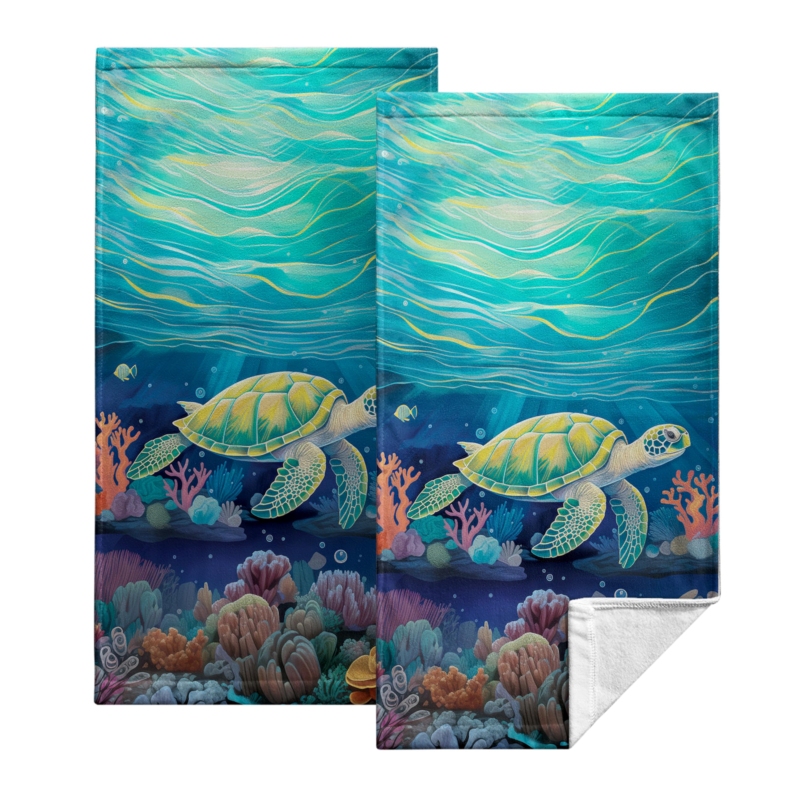 Kwlegh Green Sea Turtle Hand Towels for Bathroom Set of 2 Beach Ocean Kitchen Towels Coastal Marine Coral Bathroom Towels Absorbent Fingertip Towels 14.4x28.3 for Hotel Pool Guest