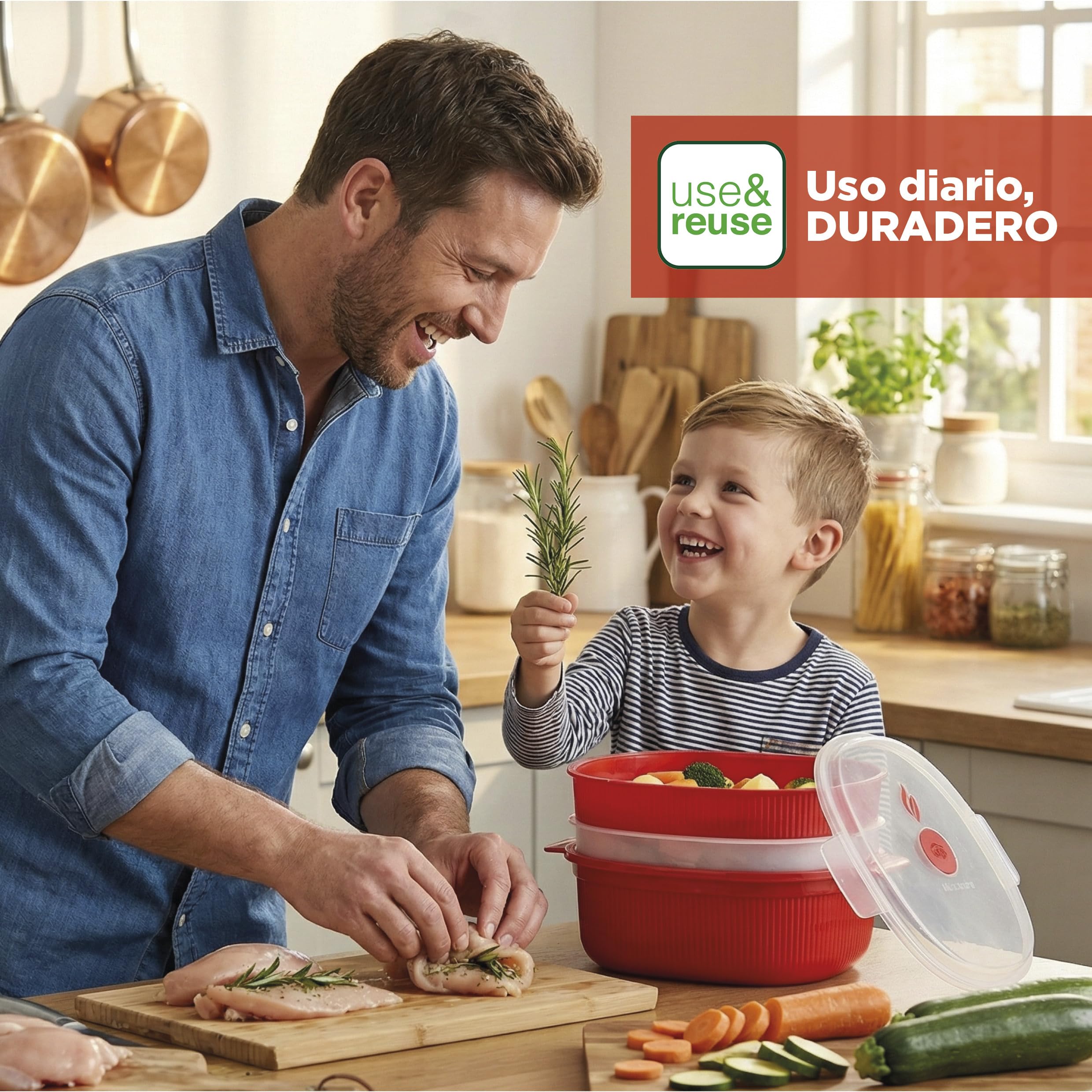 Snips - Vaporera Cocinar Vapor Microondas con Tapa, Roja 4L y 2 Cestas Extraíbles, Cocina al Vapor Rápida y Saludable, Recipiente Bote Microondas 26.5x22x13.5, Recipientes para Alimentos Made in Italy