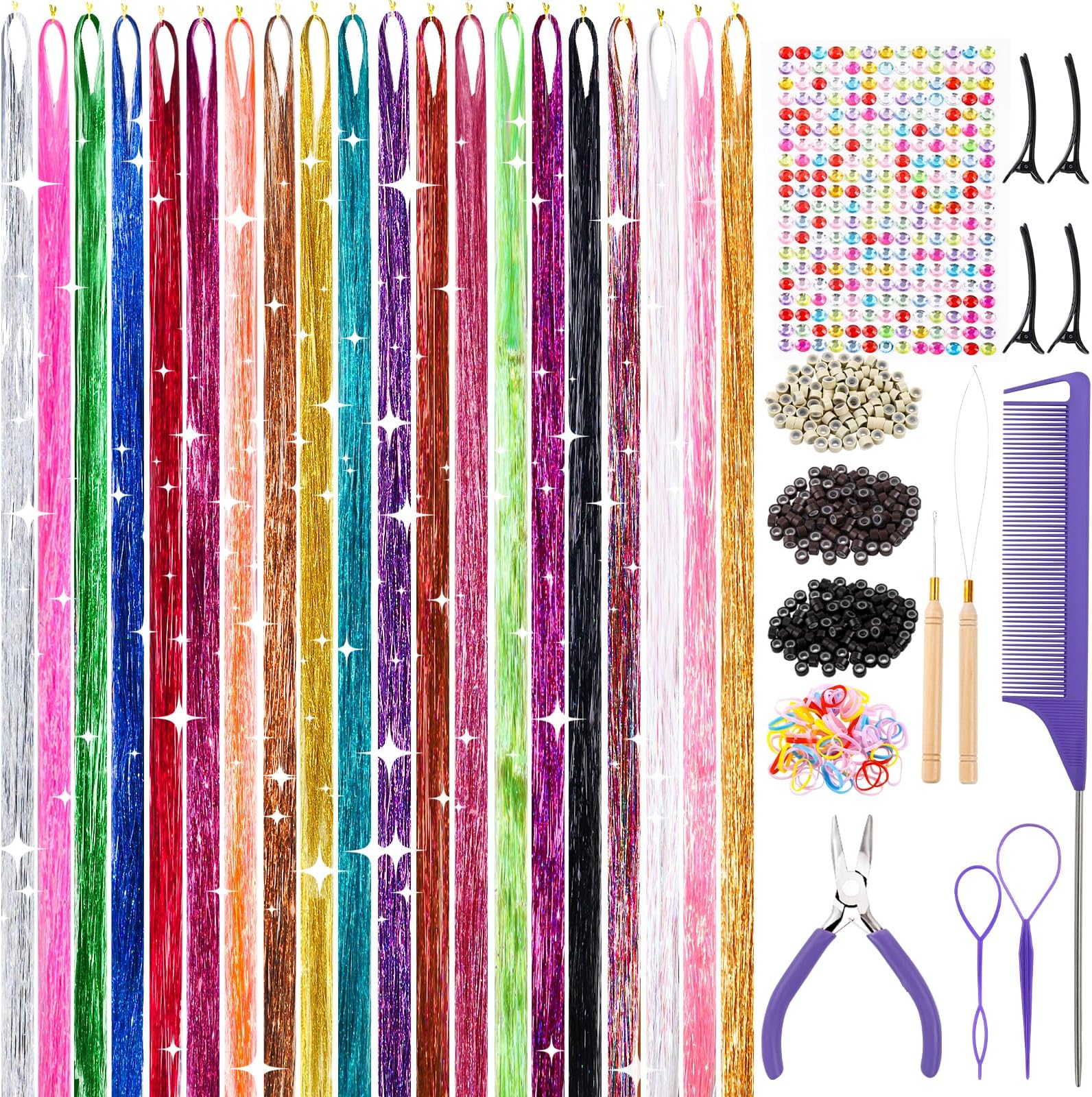 20 Colors Hair Tinsel Kit 48 Inch 4000 strands Fairy Hair Extensions with Tools Glitter Hair Tinsel Kit Heat Resistant Tinsel Accessories for Girls Women Kids Christmas Halloween Cosplay Party