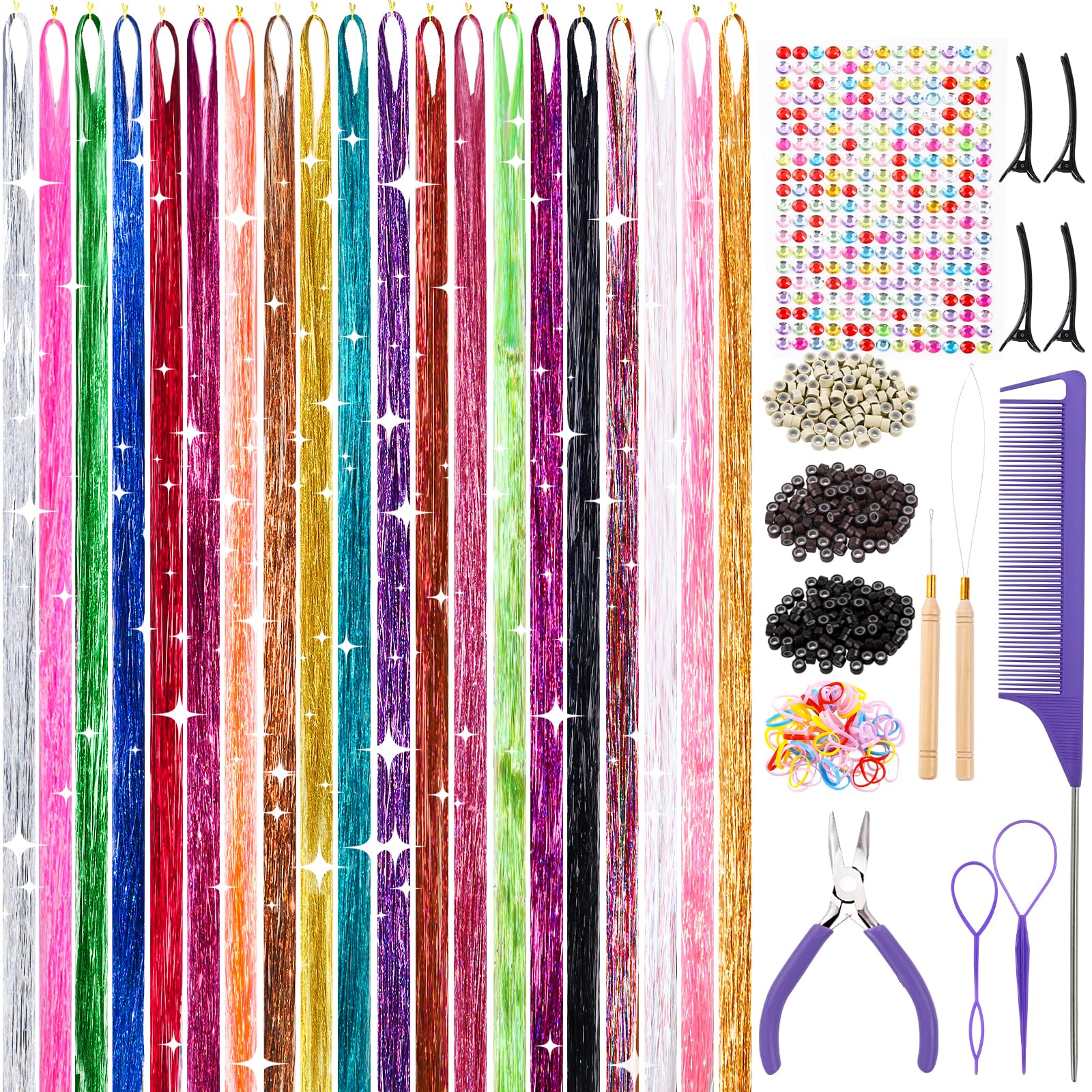 20 Colors Hair Tinsel Kit 48 Inch 4000 strands Fairy Hair Extensions with Tools Glitter Hair Tinsel Kit Heat Resistant Tinsel Accessories for Girls Women Kids Christmas Halloween Cosplay Party