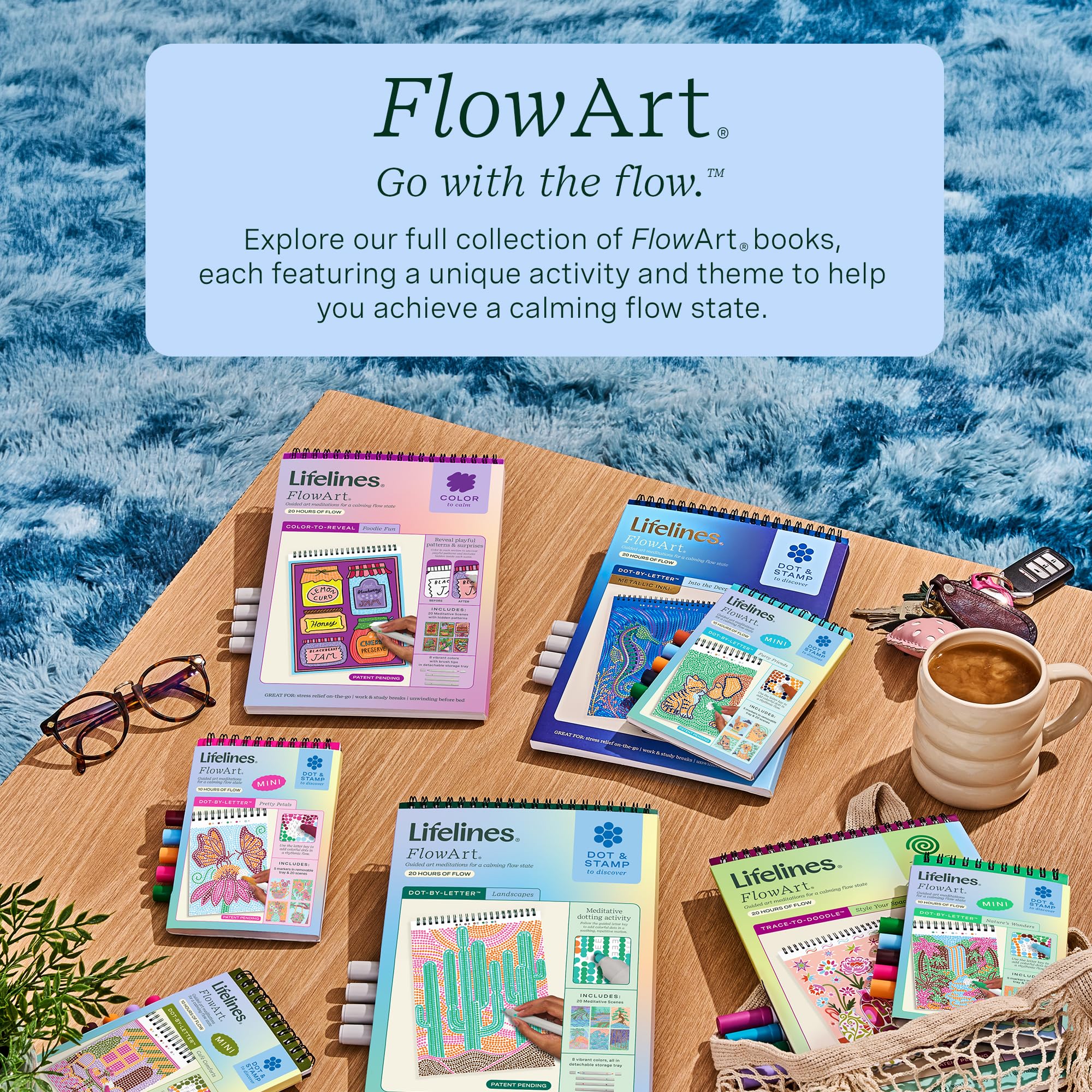 Lifelines FlowArt – Lot de 3 mini blocs d'activités – Méditations artistiques pointées par lettre avec marqueurs – 15 marqueurs et 60 scènes – Livres de coloriage de poche pour préadolescents, adultes