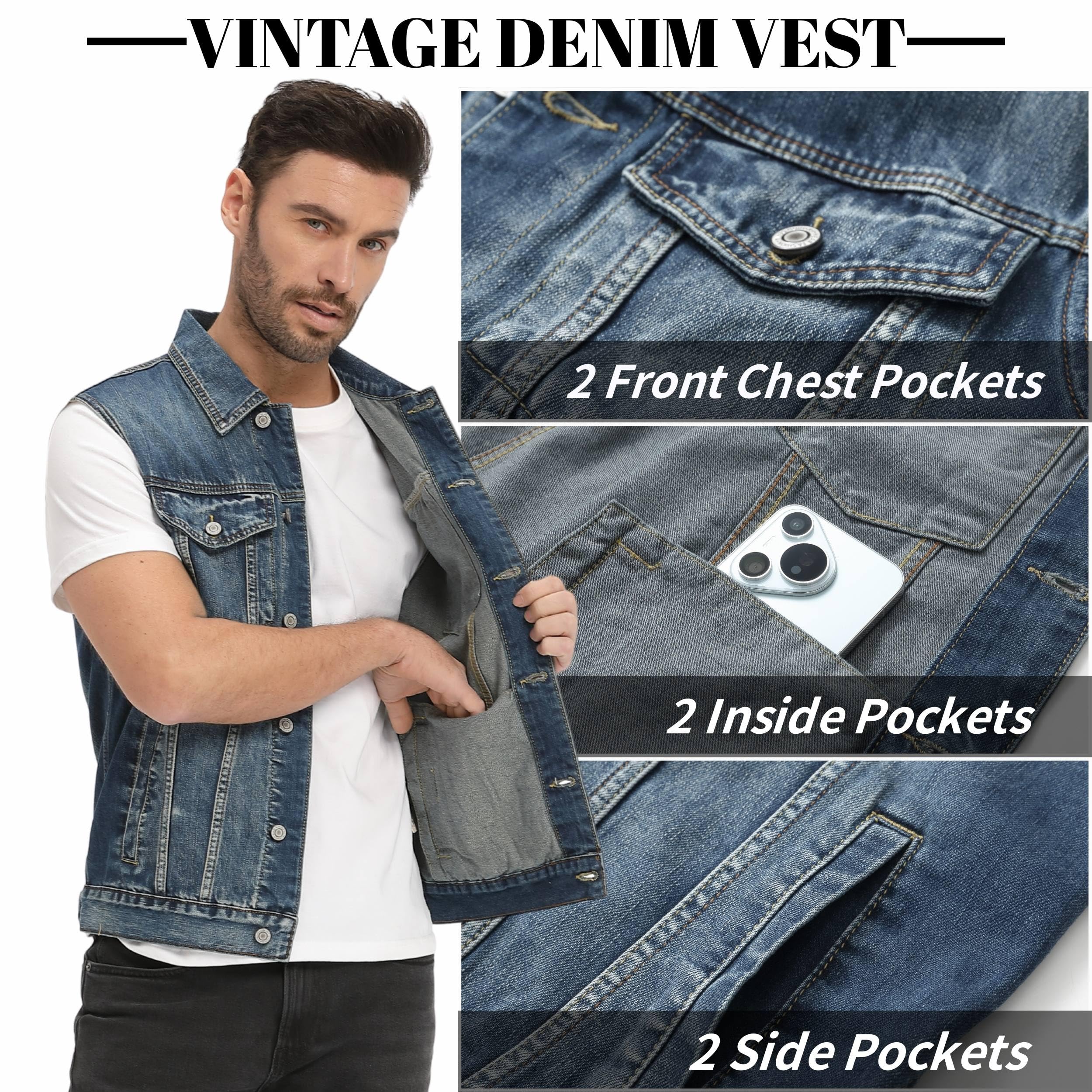 Homme Gilet en Jean Veste Classique Rétro Denim Veste Décontractée Sans Manches Denim Gilet Motard de Multi Poches