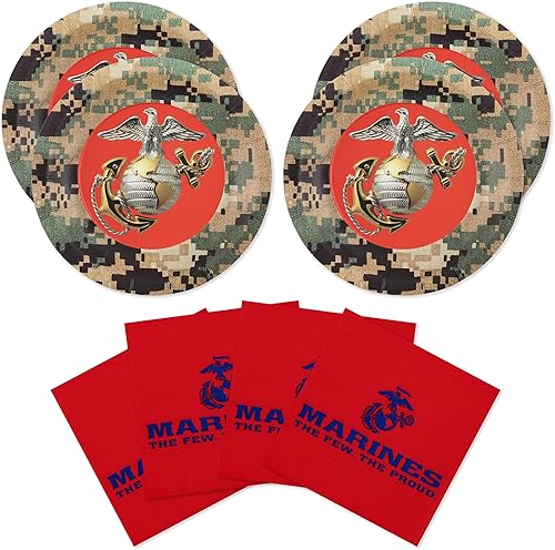 Fiesta de los Marines de los Estados Unidos para 16 invitados! Incluye 16 platos de 7 pulgadas y servilletas de almuerzo con el camuflaje, logotipo