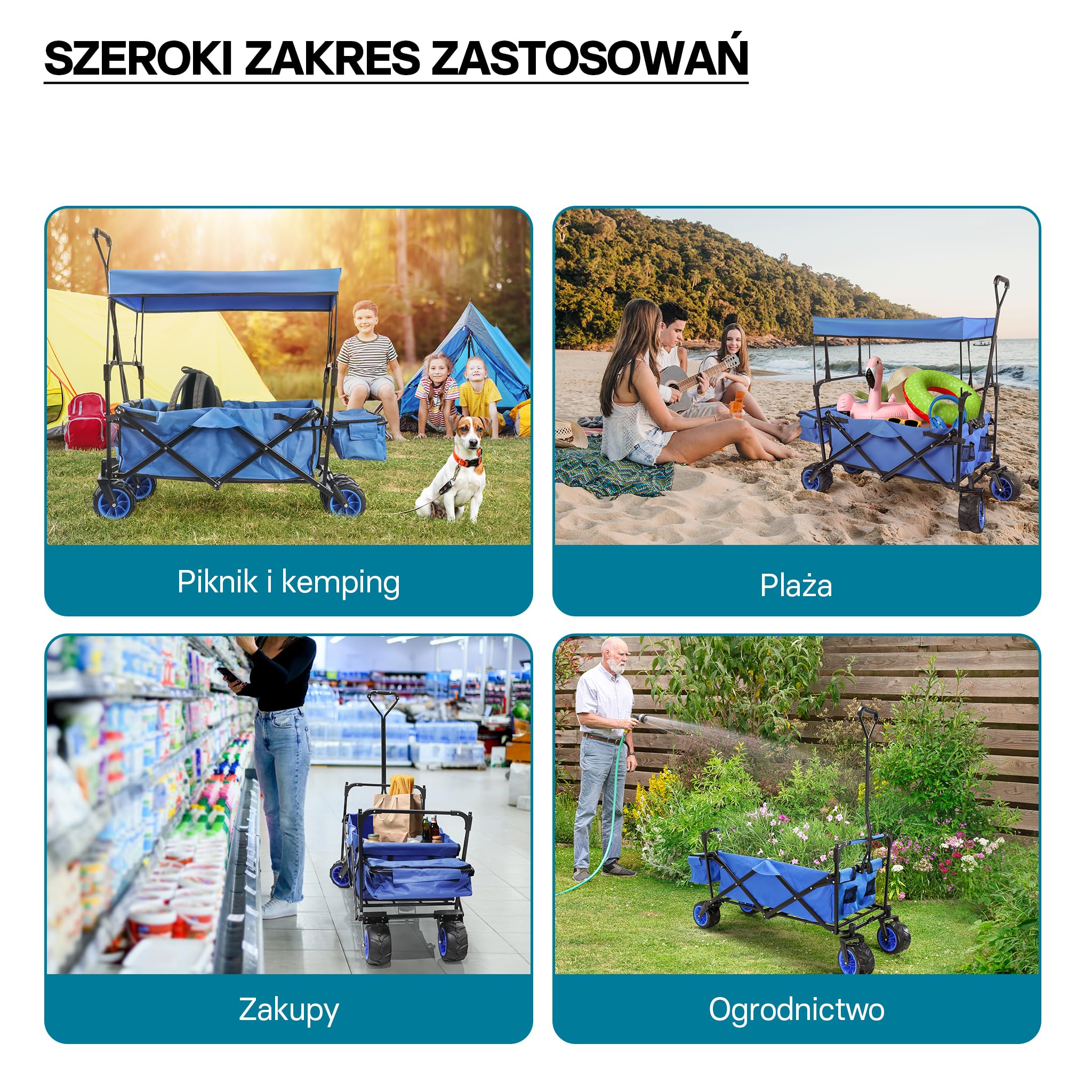 Wiltec składany wózek z daszkiem przeciwsłonecznym, składany wózek o maksymalnym obciążeniu 70 kg, składany wózek z dużą powierzchnią ładunkową i torbami, nadający się do terenów offroad