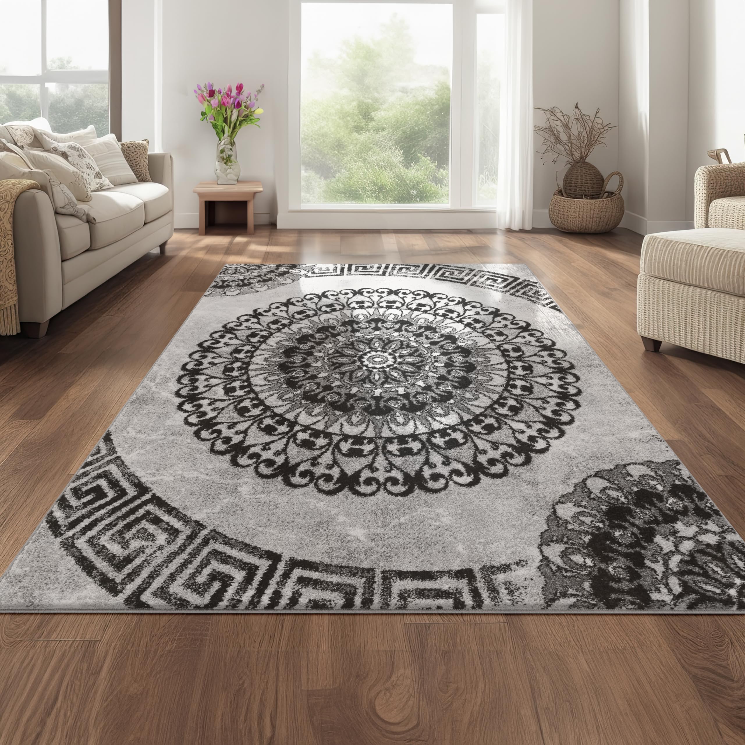 Payé Teppich Wohnzimmer Mandala Mit Fransen Deko Boho - Beige Grau