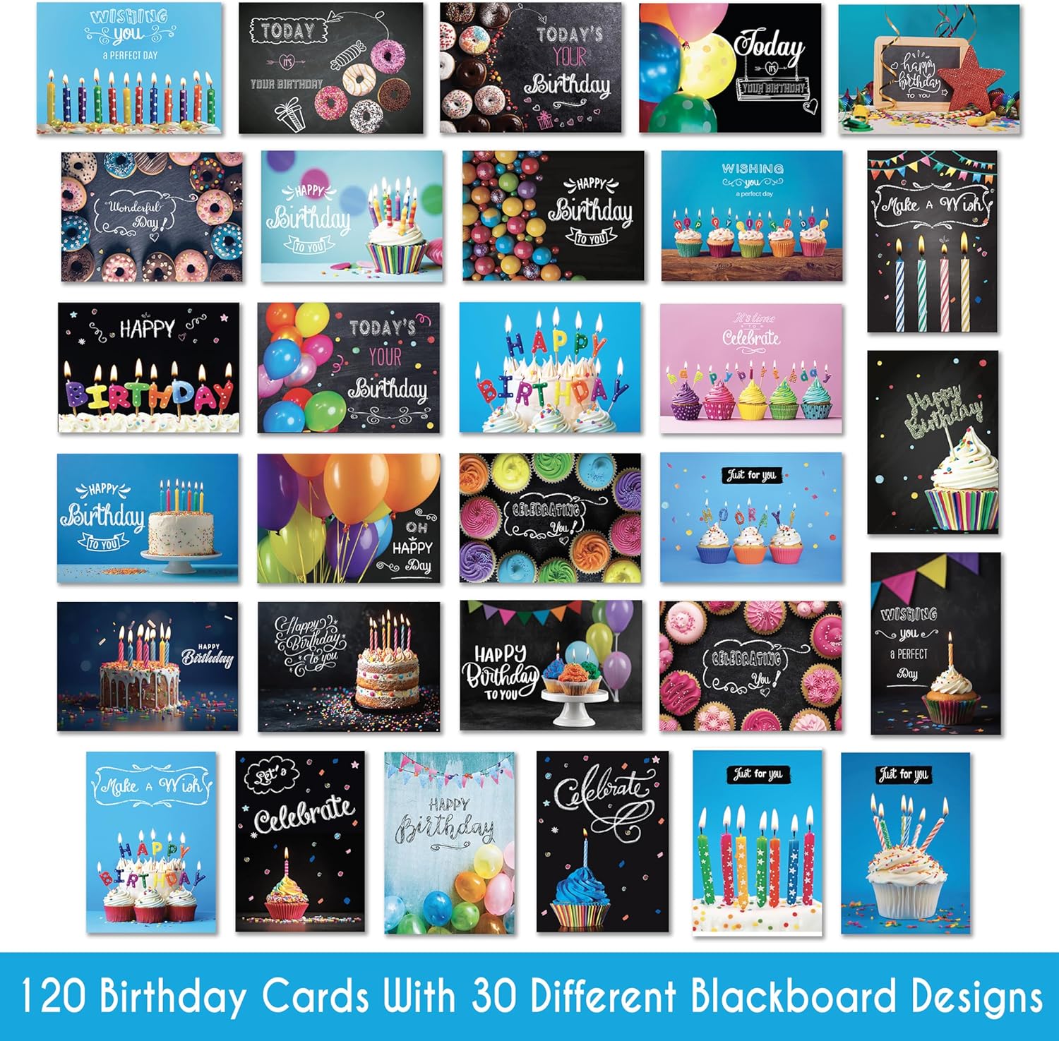 120 Birthday Cards Bulk- Happy Birthday Cards with Envelpoes,30 Unique Blackboard Designs, Large 5x7 Inches, Includes Kraft and White Envelopes – Assorted Birthday Cards for Business & Personal Use - Image 2