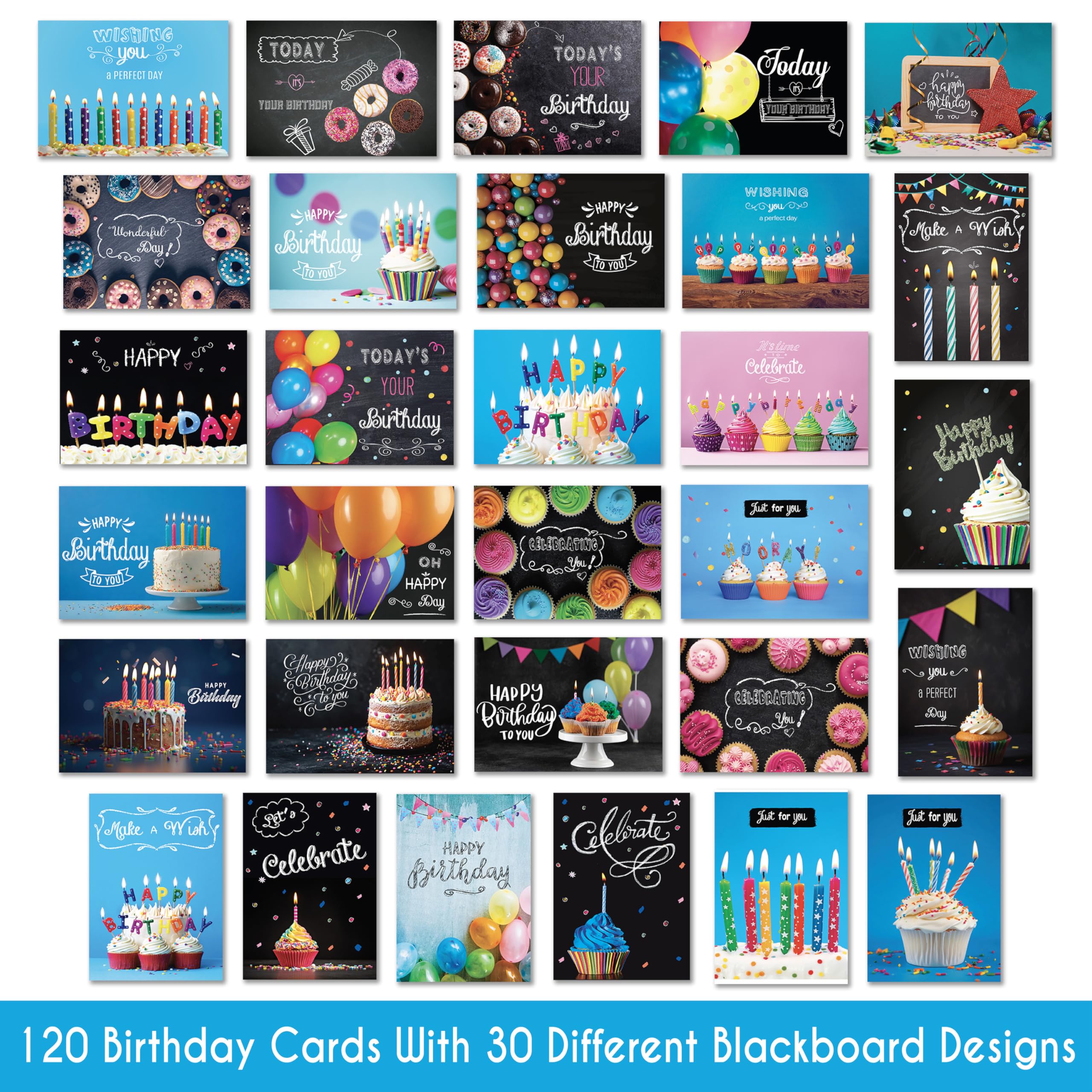 120 Birthday Cards Bulk- Happy Birthday Cards with Envelpoes30 Unique Blackboard Designs Large 5x7 Inches Includes Kraft and White Envelopes Assorted Birthday Cards for Business & Personal Us product thumbnail 3
