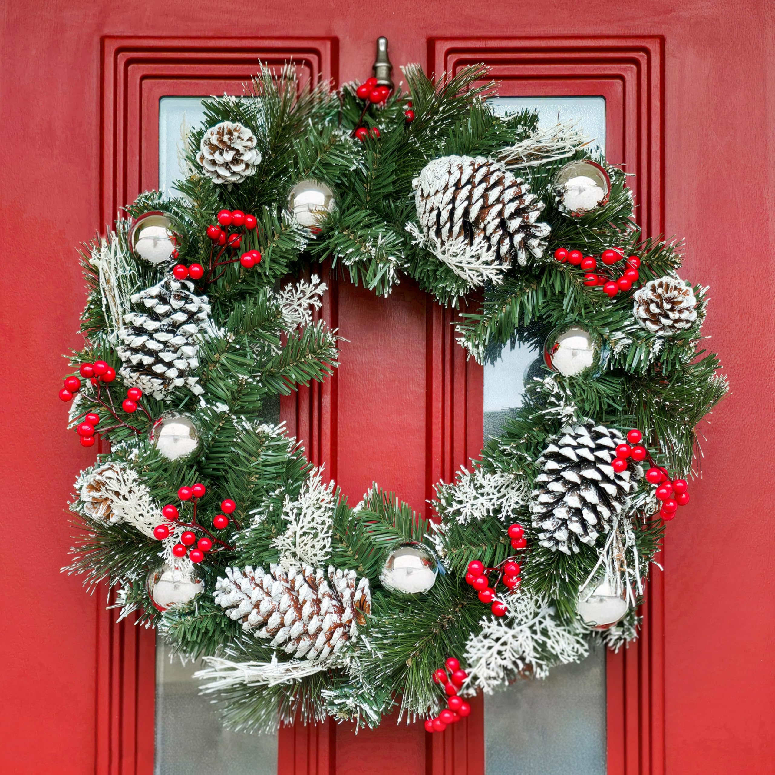 Homezone Green 50Cm Large Luxury Christmas Wreath Snow Covered Artificial Pine With Berries & Baubles Hanging Door Decoration For Front Door Indoor & Outdoor Xmas Home Décor Display