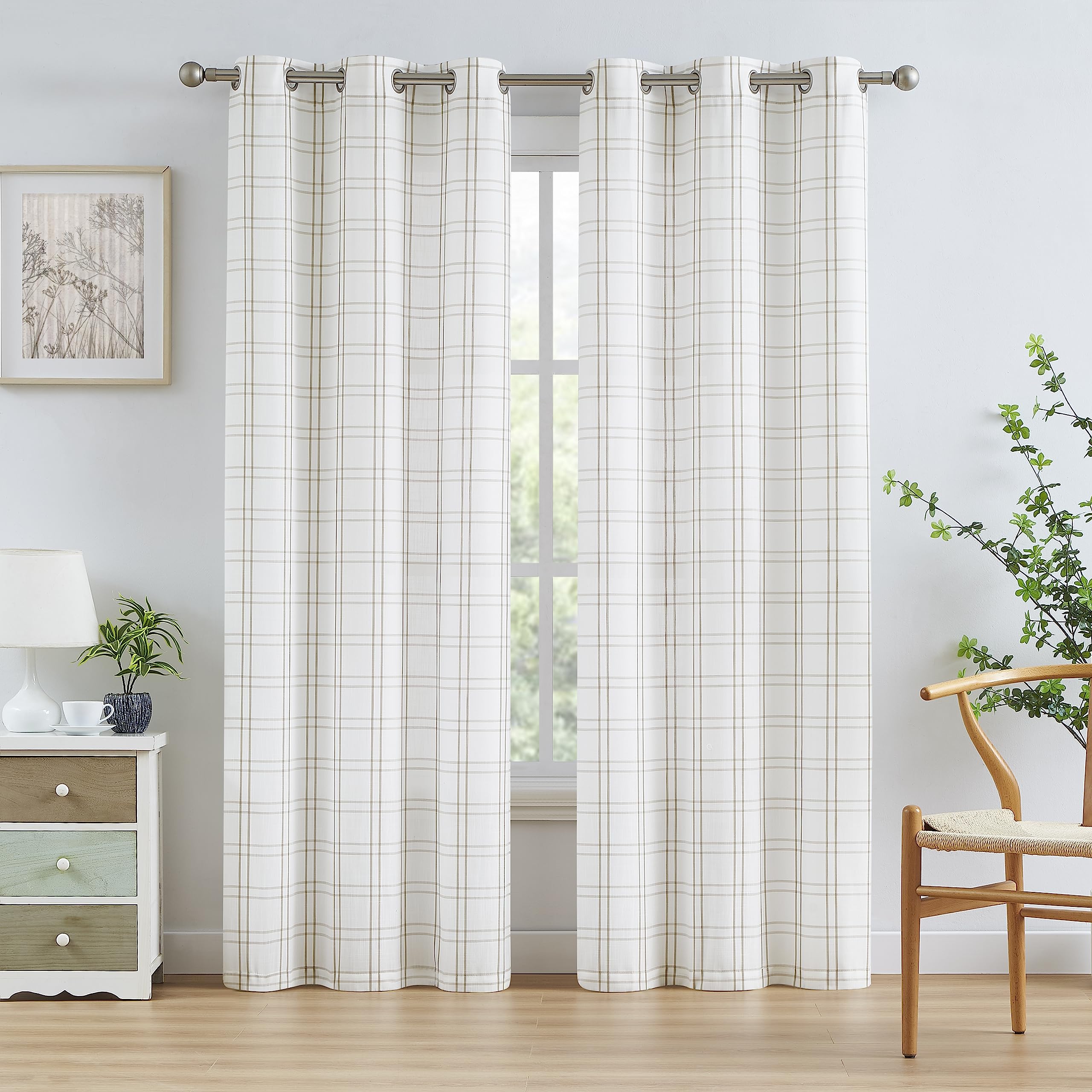Bapawfish 90 Inches Linen White Buffalo Plaid Light Filtering Curtains