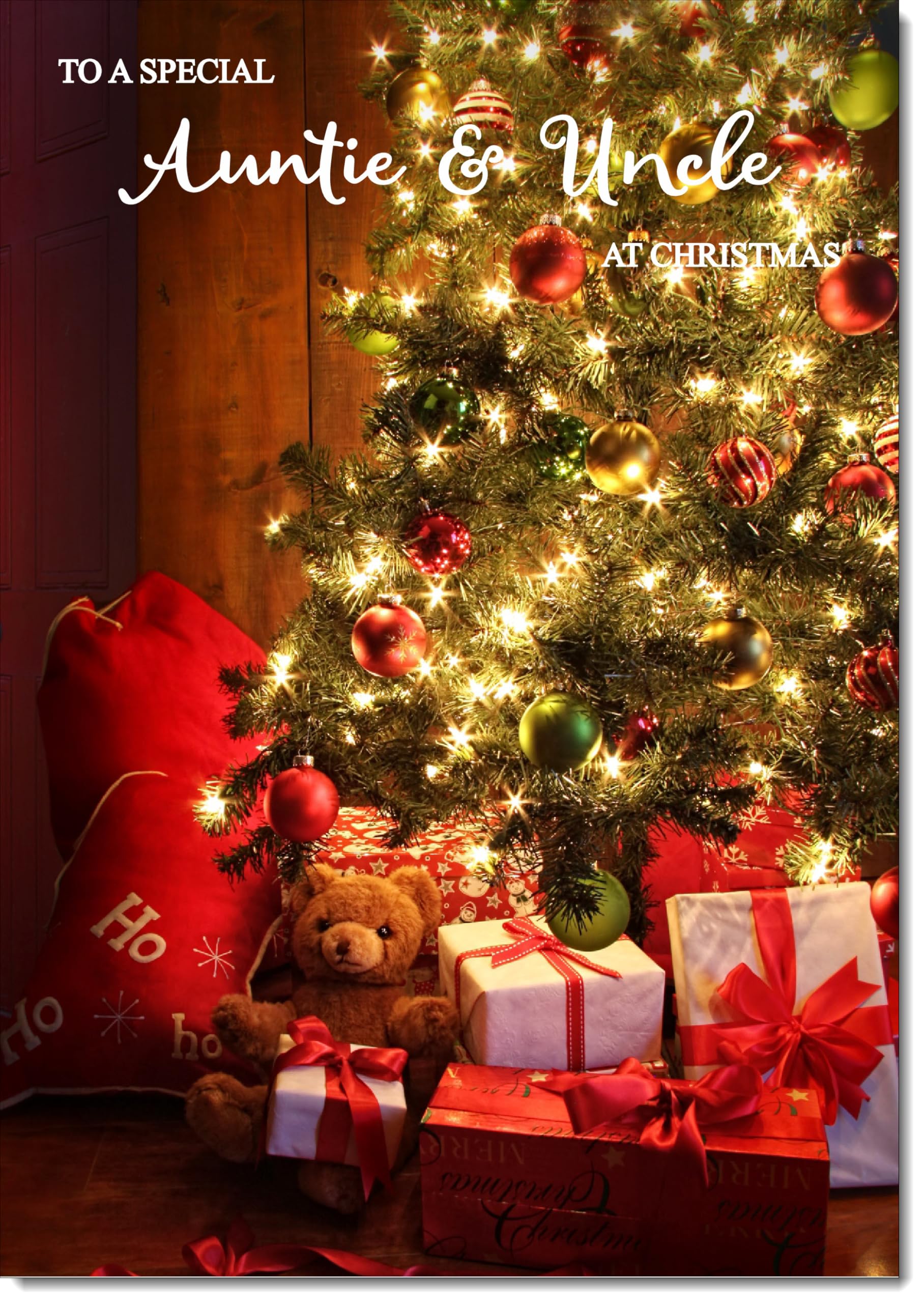 doodlecards Auntie and Uncle Christmas Card Teddy by Christmas Tree Large A4 Size Christmas Card for Auntie & Uncle with Plain Envelope — image 1