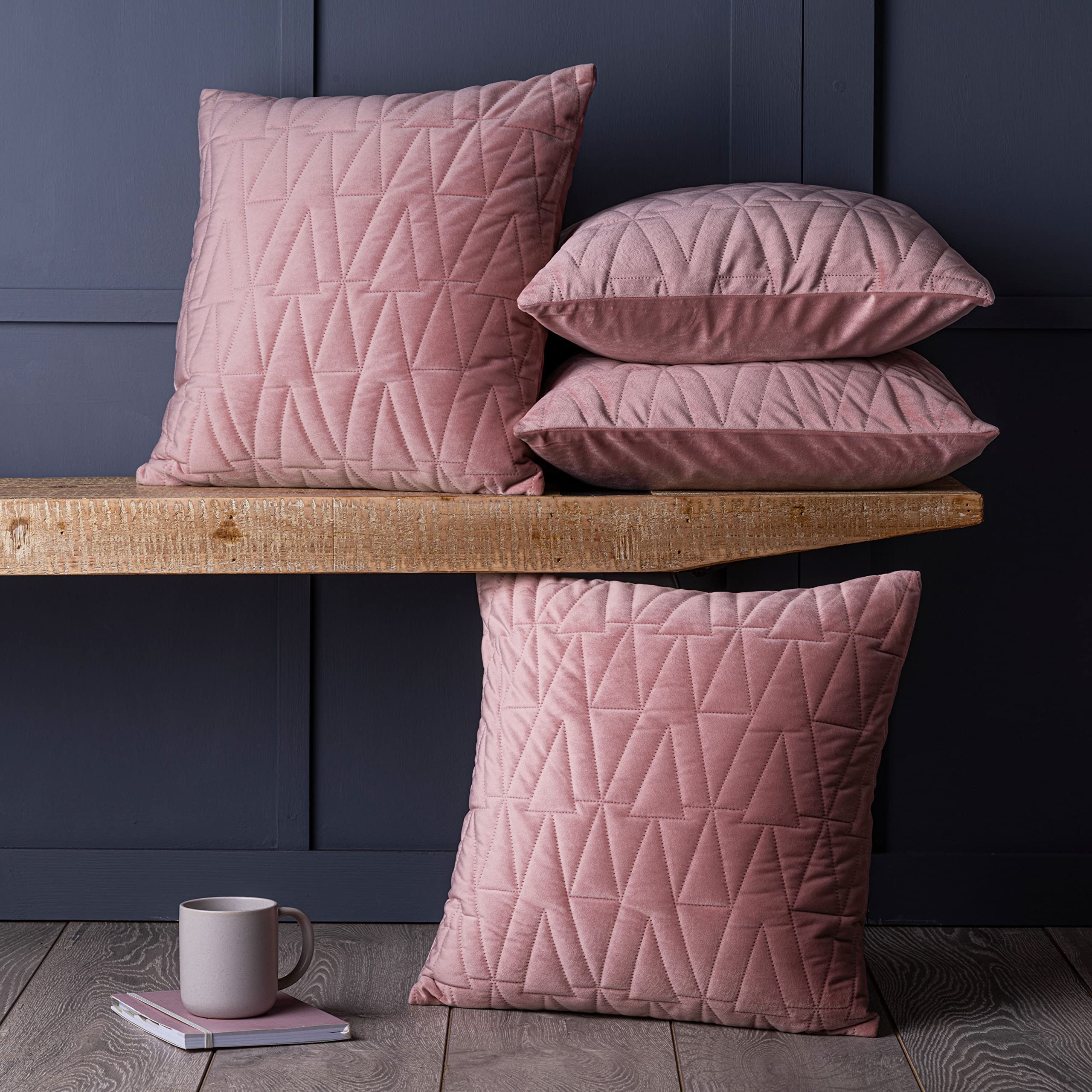 Red Rainbow Cushion Covers 4 Pack 3D Quilted Velvet Geometric Designs 18 inch x 18 inch 45cm Square (Pink, 4 Triangles)