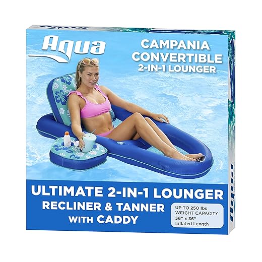 Aqua Campania Ultimate 2 in 1 Recliner & Tanner Pool Lounger with Adjustable Backrest and Caddy, Inflatable Pool Float, Teal Hibiscus (AZL14856)