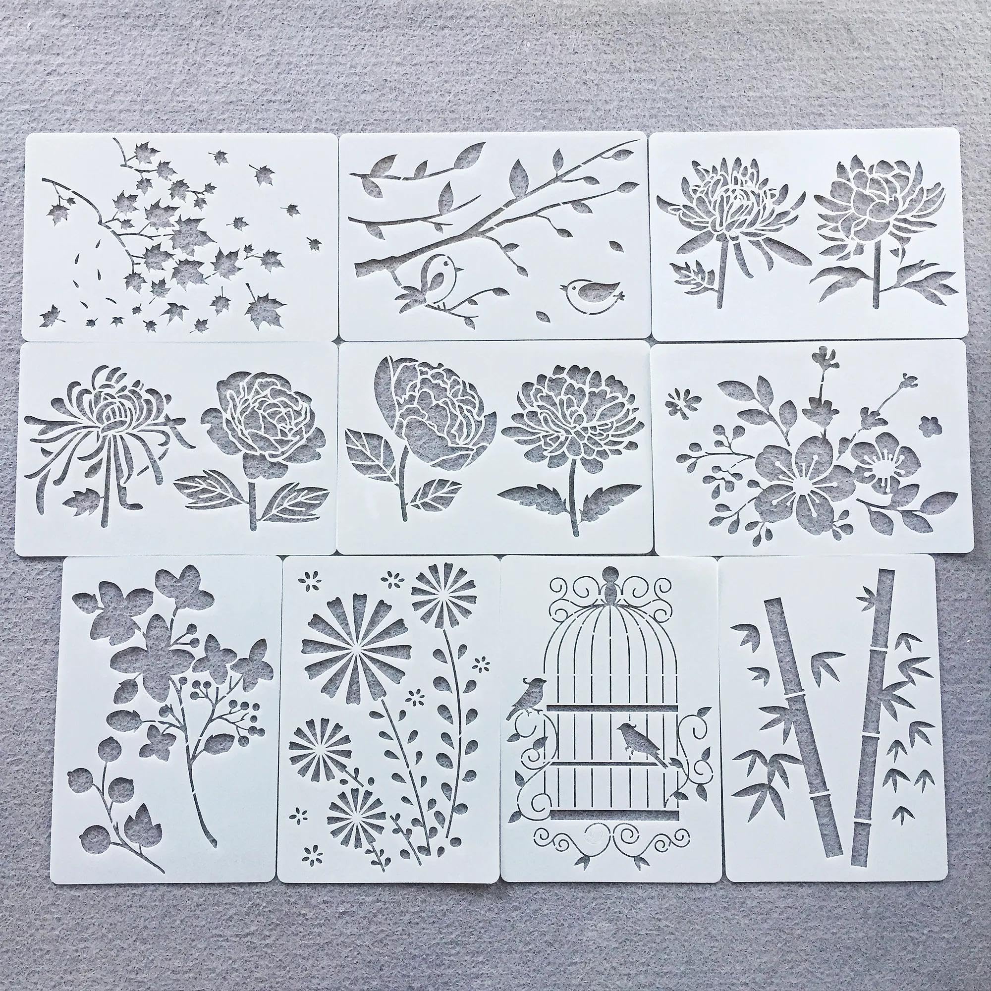 10 stencil artistici da 26 cm, motivo: fiori d'acero, gabbia per uccelli, per progetti artigianali, stencil per pittura su legno, parete, tessuto, roccia, lavagna