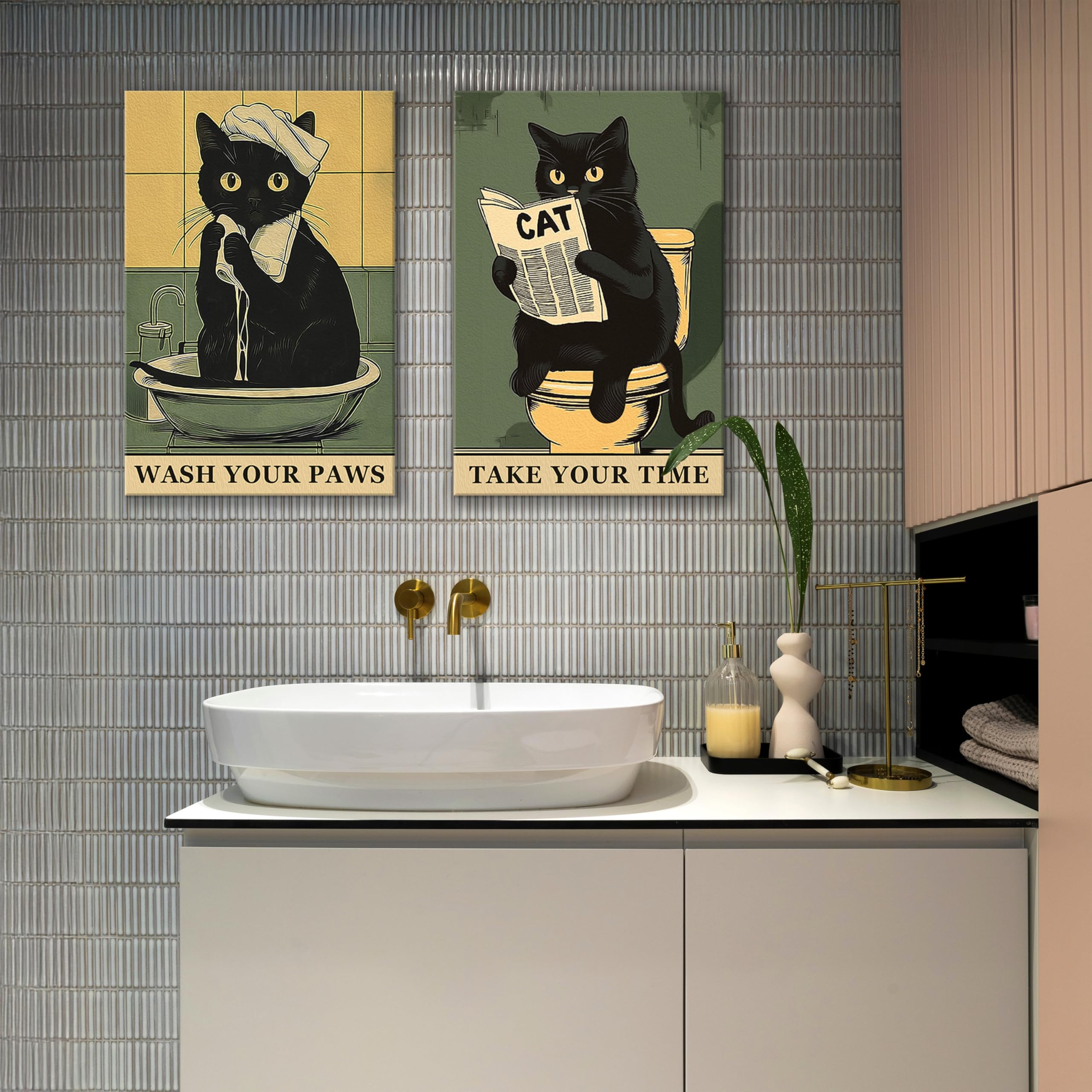 murando - Set di 2 Quadri Fonoassorbenti Componibili Gatti Neri 120x90 cm Ciascuno delle Dimensioni di 60x90 cm - Collage 2 Pezzi - Quadro Acustico Stampa su Tela - Pannelli Umoristici g-H-10140-b-a