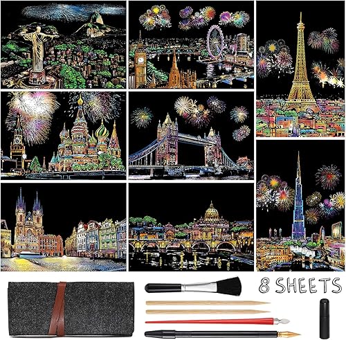 Scratch Art para adultos y niños, pintura de arco iris (A4), juego de manualidades 8 hojas de tarjetas para rascar con 6 herramientas en la bolsa,