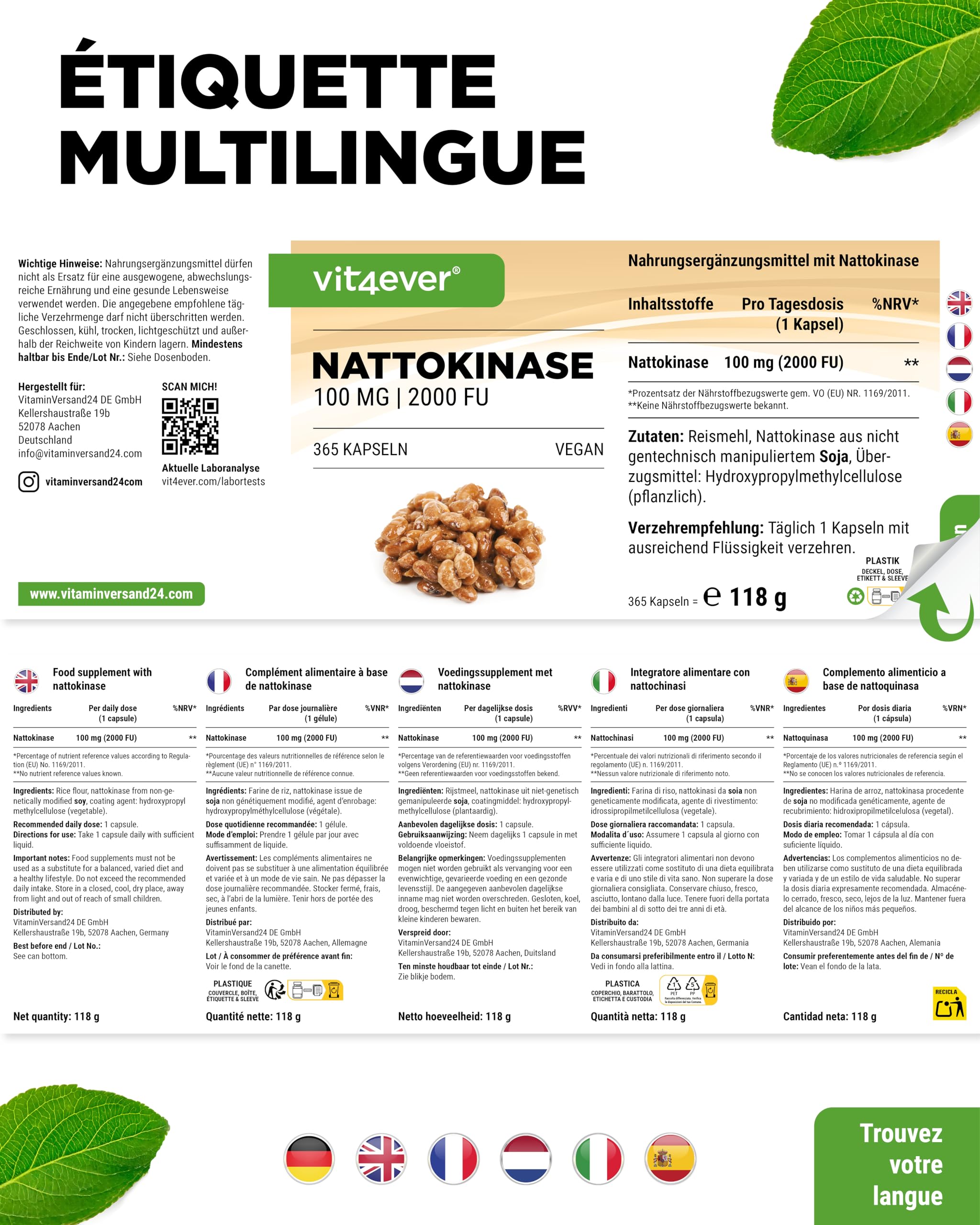 vit4ever Nattokinase - 365 Gélules de 100 mg (20.000 FU/g) - Réserve de 12 Mois - Hautement Dosée - Vegan - Sans OGM - Sans Additifs Indésirables