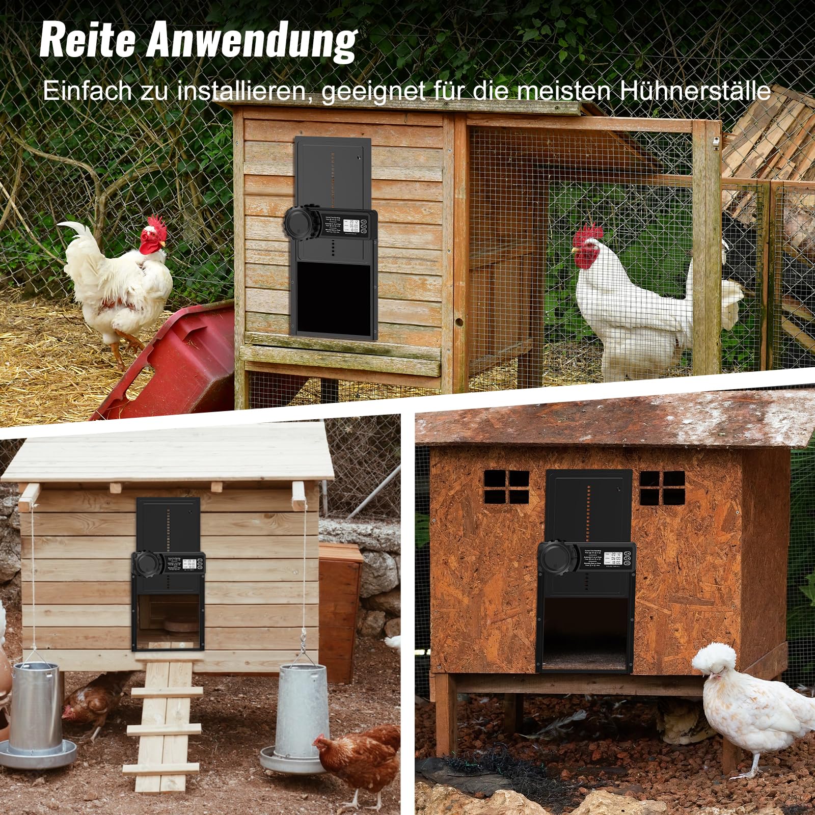 CHAMUTY Aluminum Automatische Hühnerklappe Batterie, Hühnerklappe Automatisch mit Wasserdicht Großes Display, Timer, Manuelle, Elektrische Hühnerklappe Hühnertür, Intelligenter Einklemmschutz, Schwarz