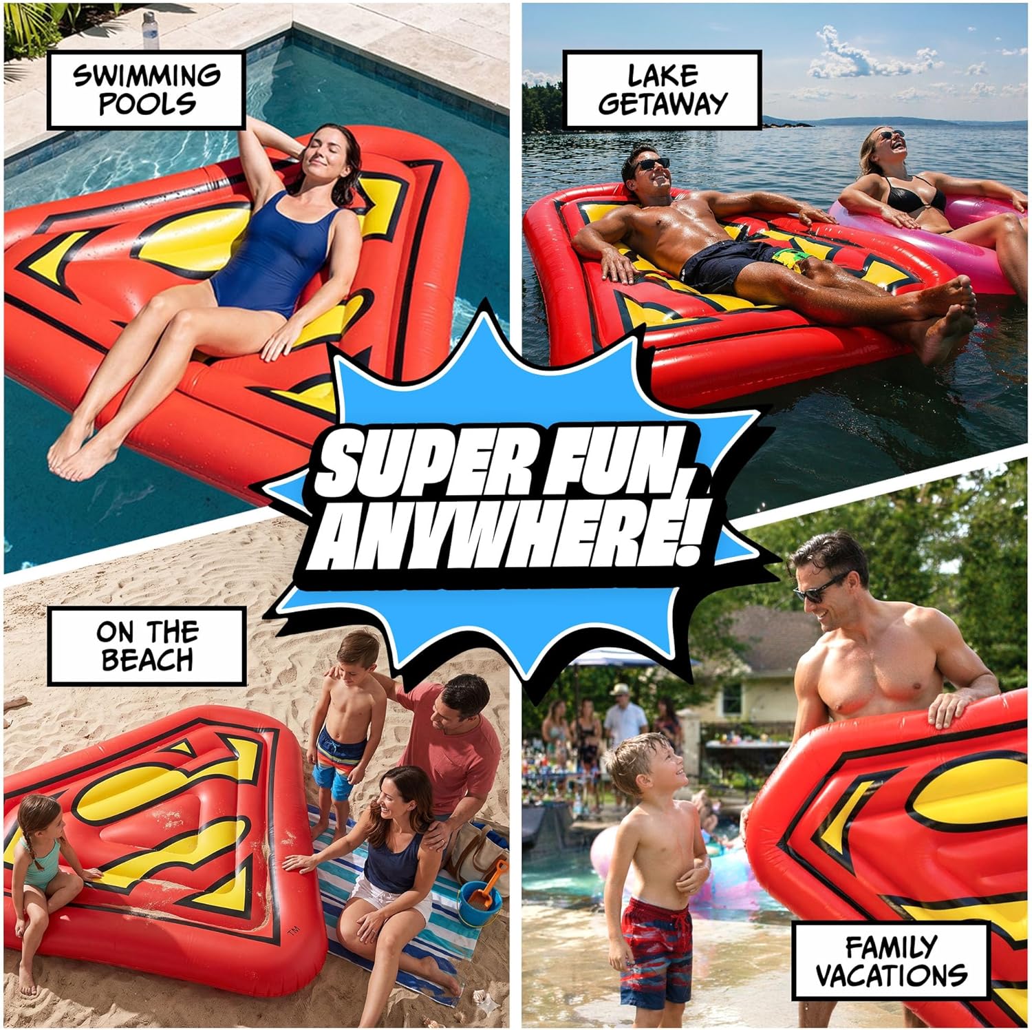 Superman Extra Large Pool Floats for Adult Heavy Duty, Inflatable Pool Rafts, Fun Pool Floatie, Lake Float, Floating Lounger