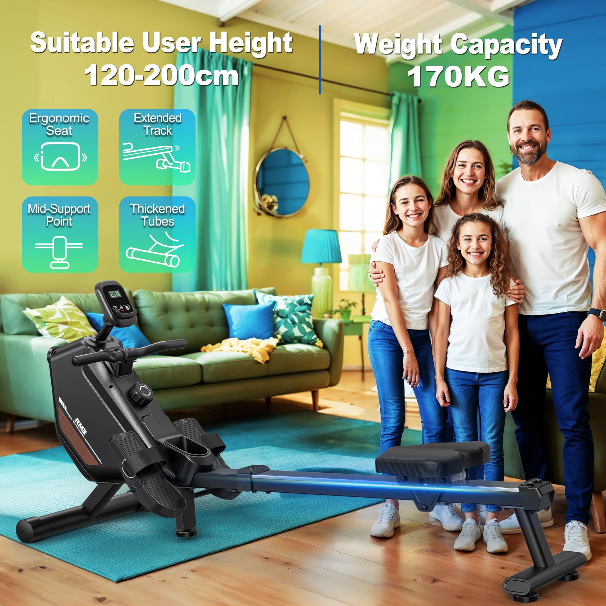 ORISYN Vogatore per casa con resistenza magnetica regolabile, vogatori con computer di bordo Bluetooth, portata 170 kg