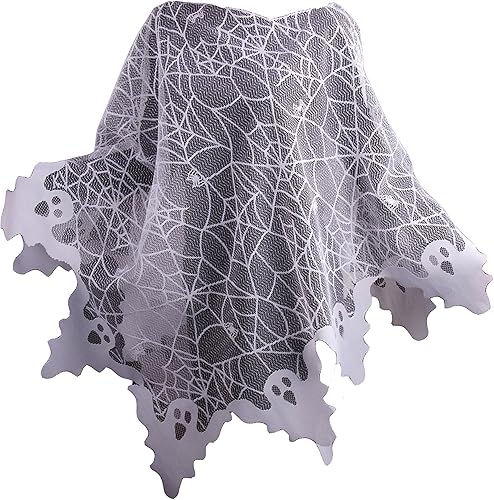 Heritage Lace Disfraz de poncho fantasma de Halloween de 58 x 58 pulgadas, telarañas con borde fantasma