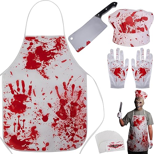 Halloween Butcher Costume Set- Cooking Chef Apron Gloves Prop Knife Tattoo Sticker- Halloween Costume Scary Set