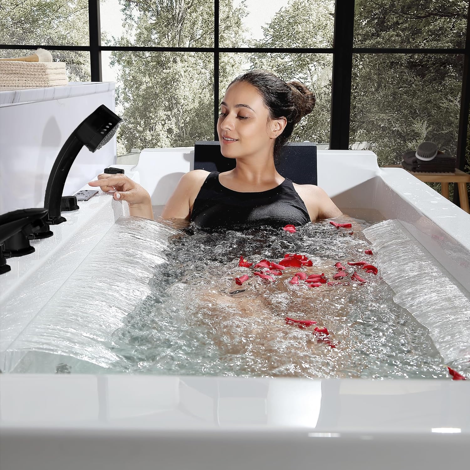 Empava Acrylic Whirlpool Bathtub, 71-Inch Jetted Bathtub with Healing Chromotherapy, Heated Soaking tub with LED Control Panel, Comforting Hydro Massage Tub with Waterfall, Black Hardware and Nozzles