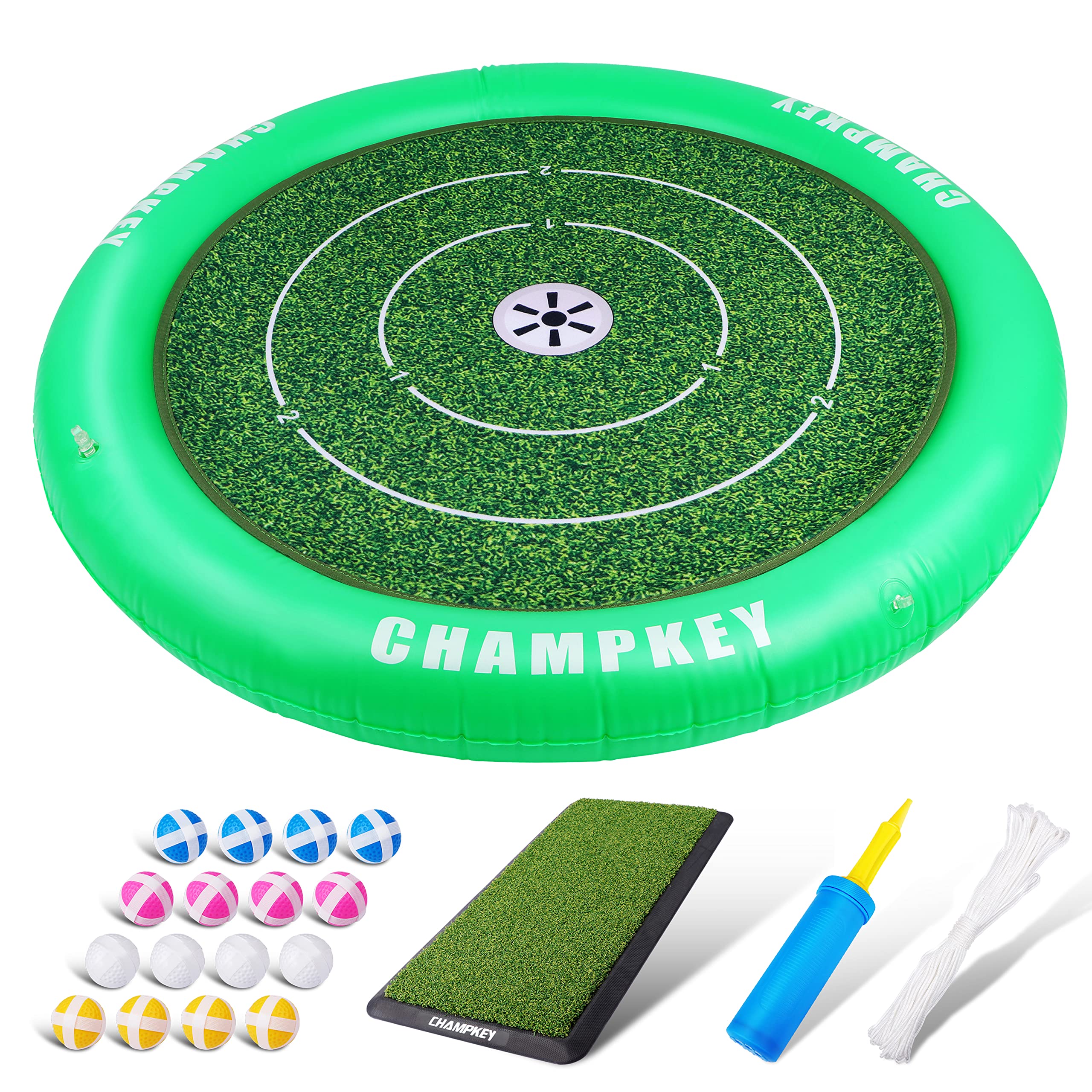 CHAMPKEY 3' x 3' Floating Golf Chipping Green - Premium Floating Golf Chipping Game - Come with Golf Hitting Mat, 16 Practice Balls, Air Pump and Nylon Rope